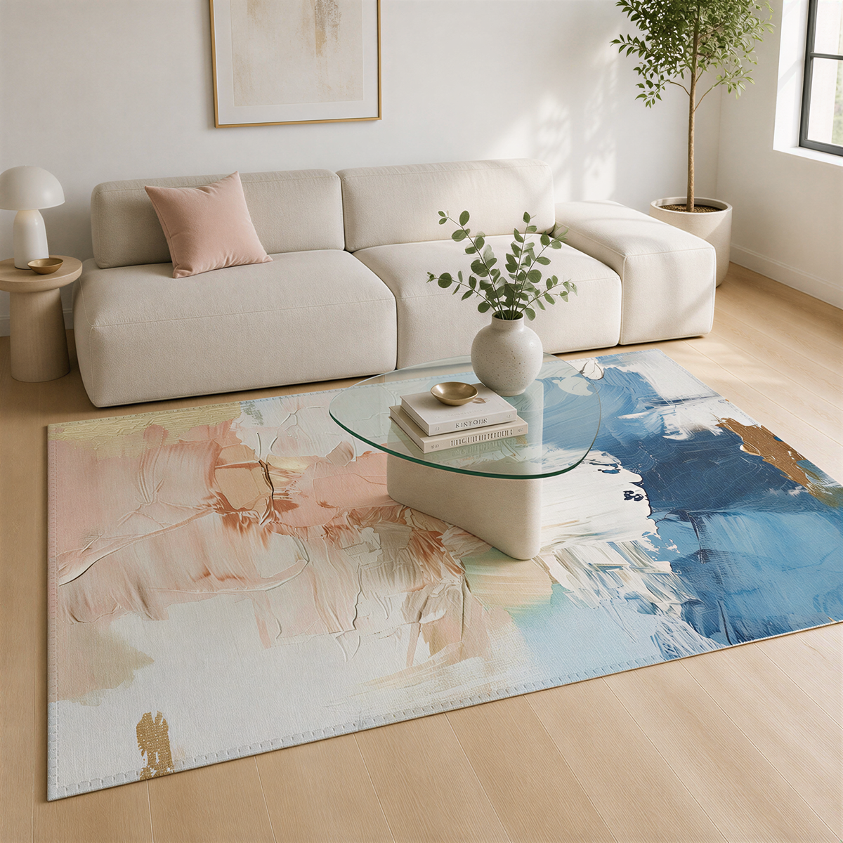 a modern living room with a large white sofa, a glass coffee table, and a colorful abstract rug on the floor.