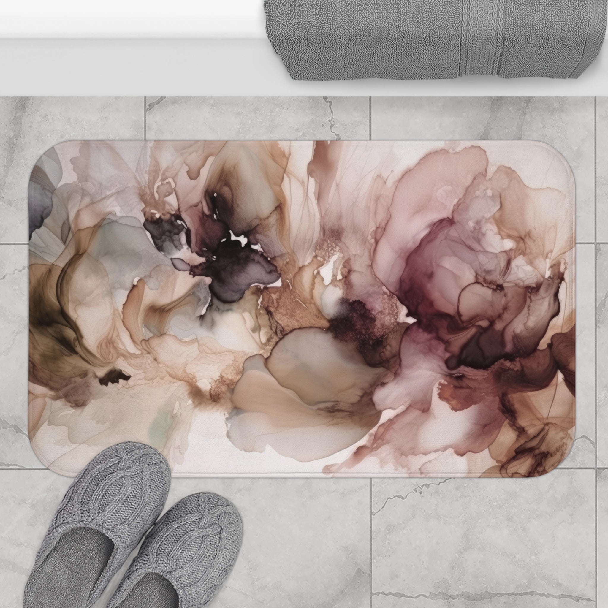 Boho Abstract Floral Bath Mat | Mauve Pink, Taupe Beige Kitchen Mat