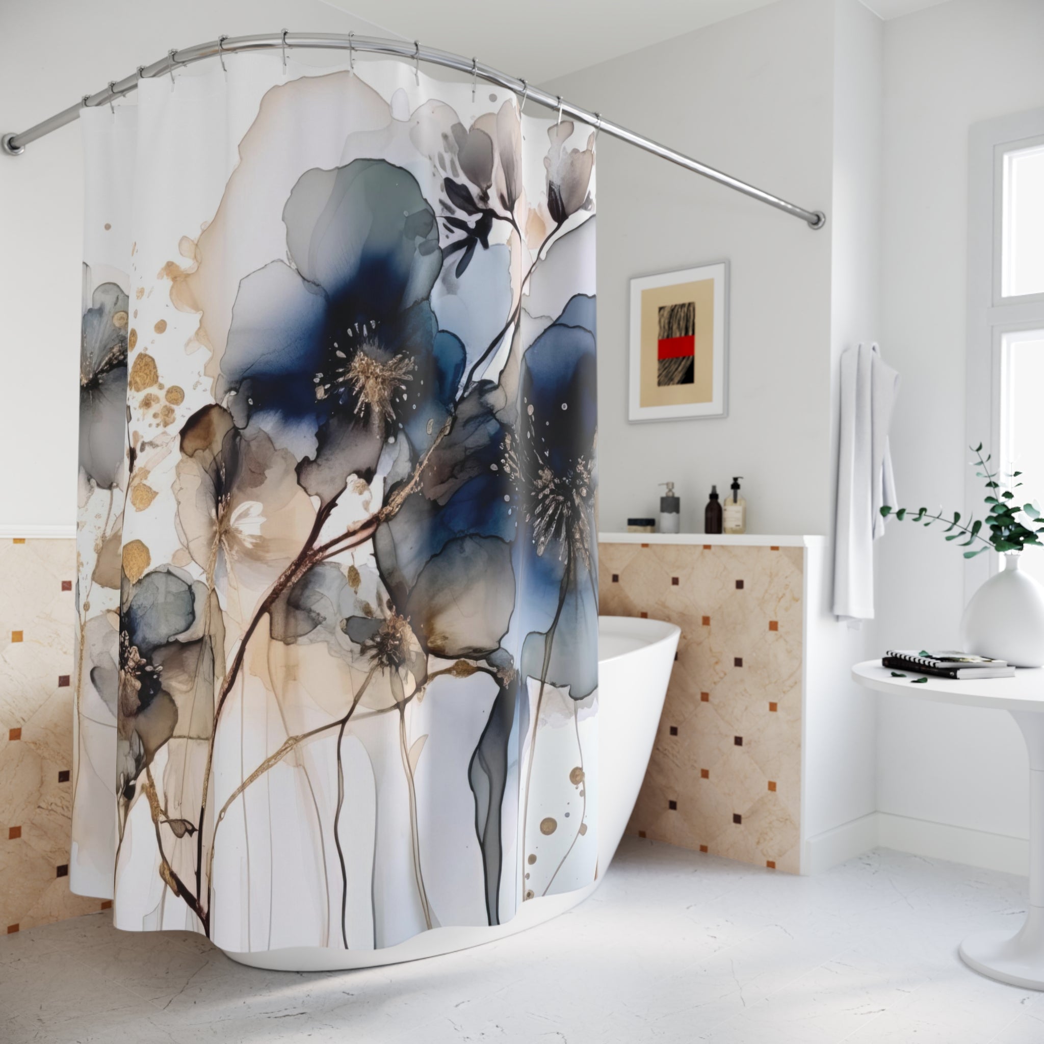 Abstract Floral Shower Curtain | Navy Blue, Beige Ombre