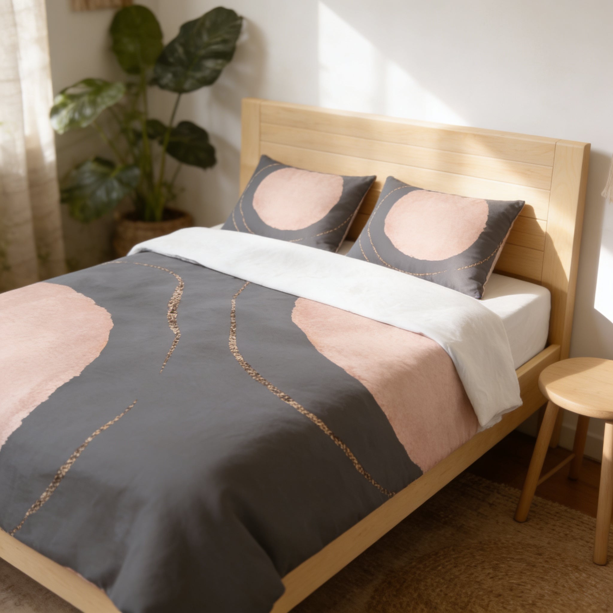 a bedroom with a bed featuring a gray and pink patterned comforter and pillows. The bed is positioned against a wall, with a wooden headboard and footboard. There is a small table next to the bed, and a potted plant is visible in the background.