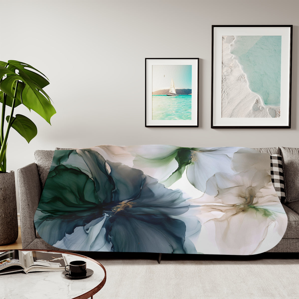 a living room with a couch covered in a blanket