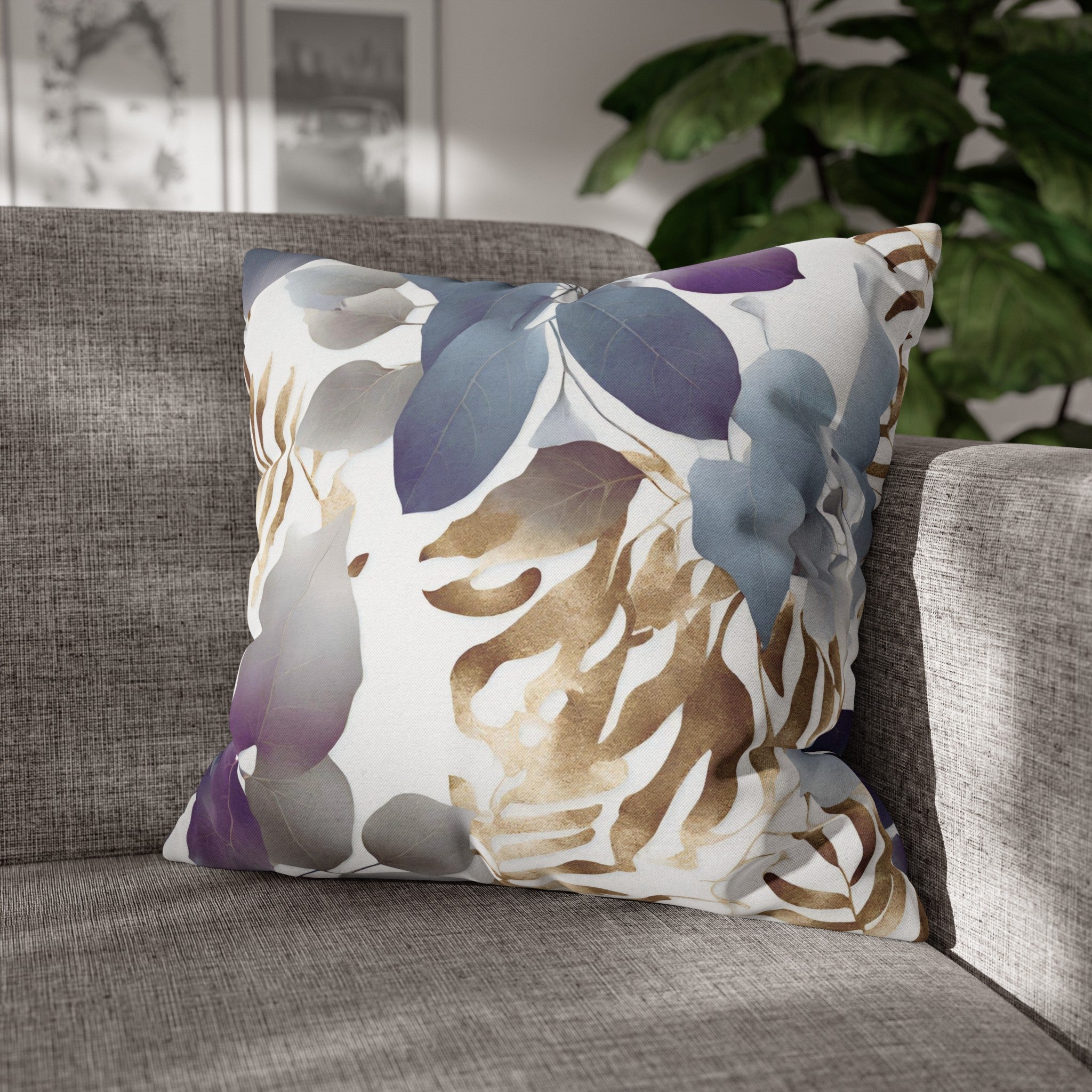 Floral Pillow Cover | Tropical Eucalyptus Leaves, Blue Purple White