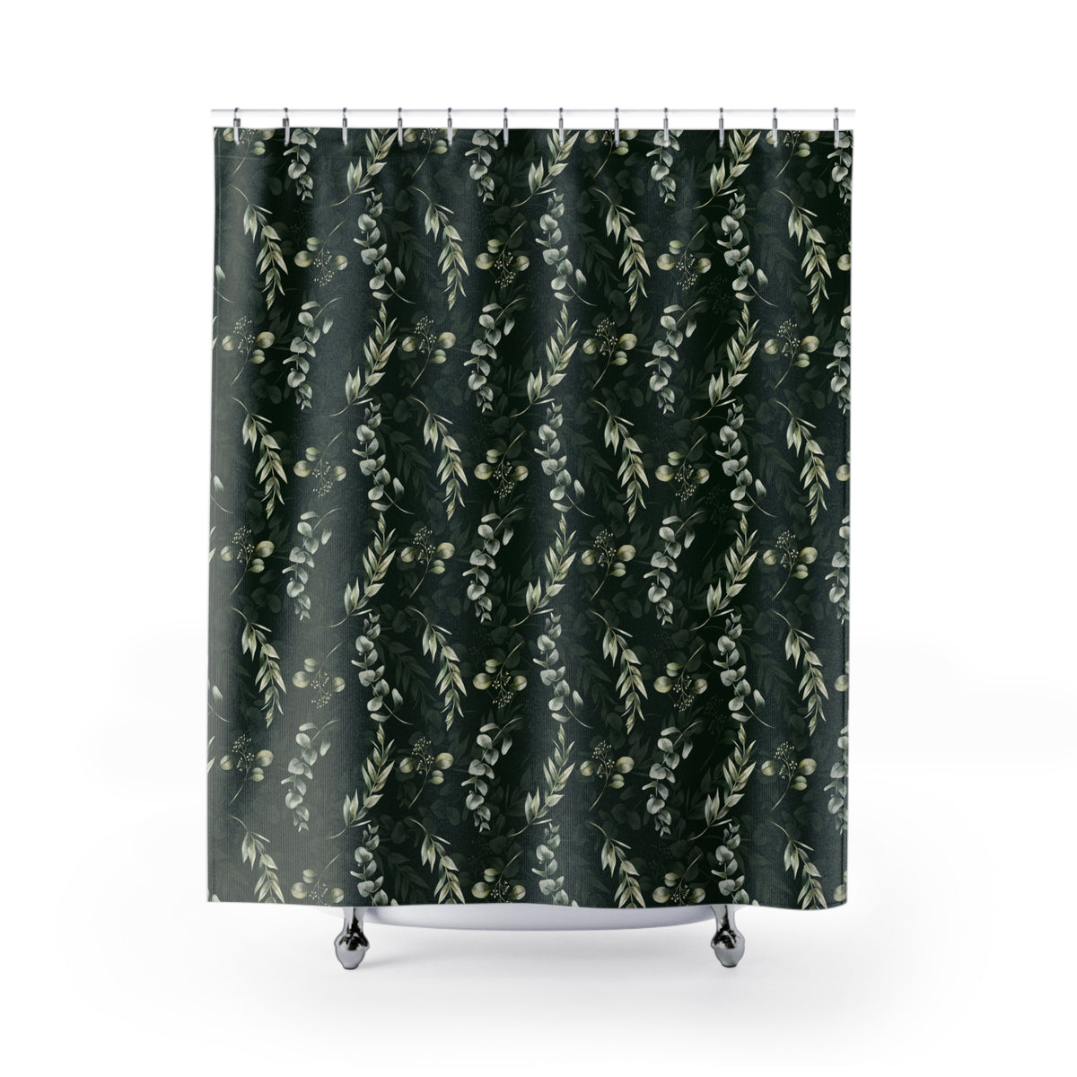 a shower curtain with a repeating pattern of green leaves and flowers.