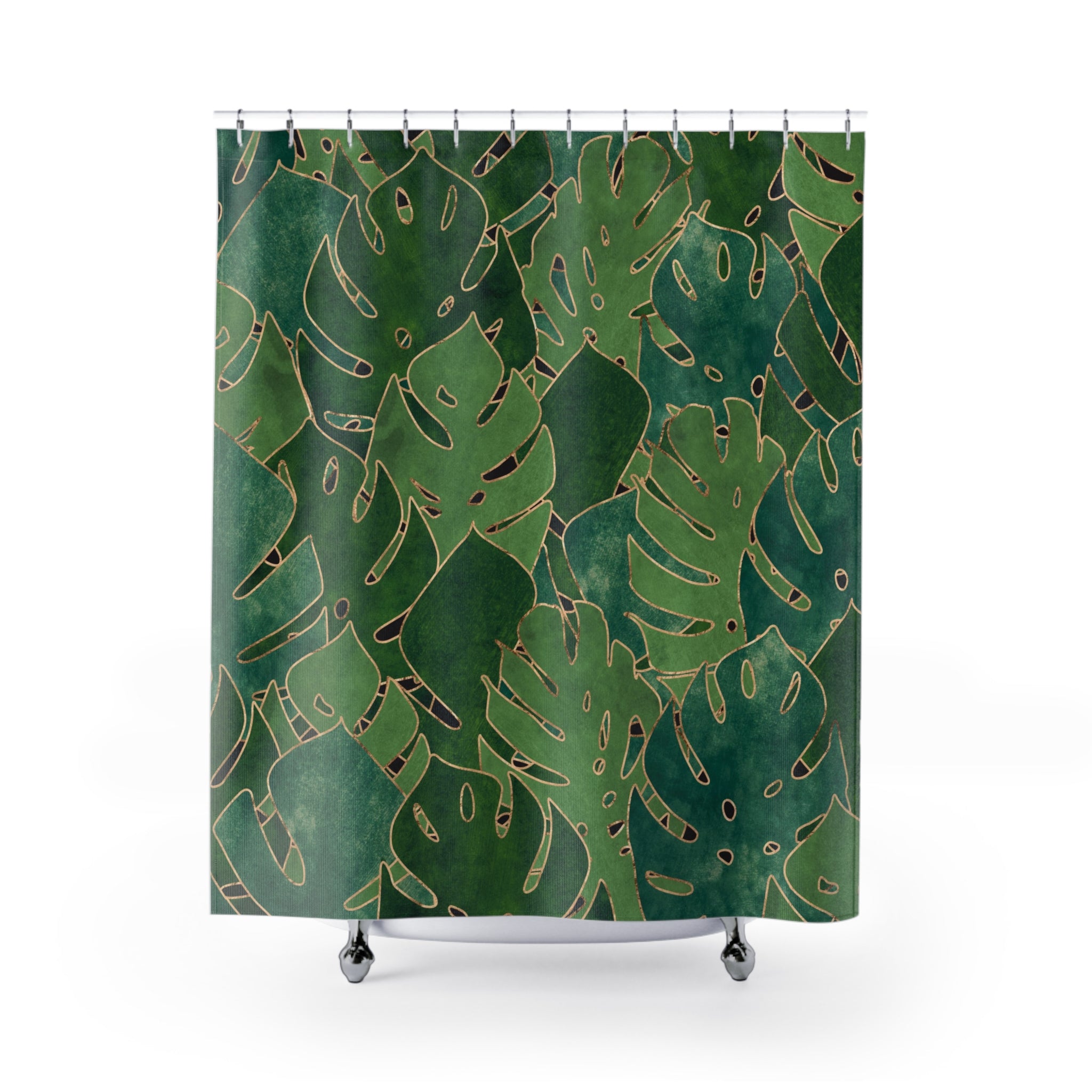 Green Shower Curtain | Jungle Monstera Leaves Bathroom Decor