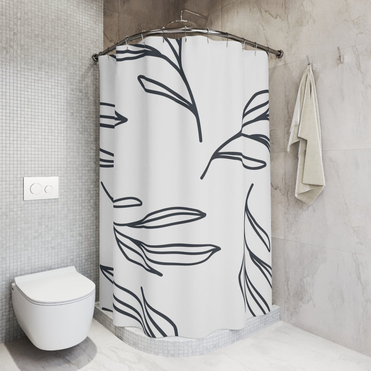 Charcoal Line Art Leaf Shower Curtain, Bath Curtain 71x74