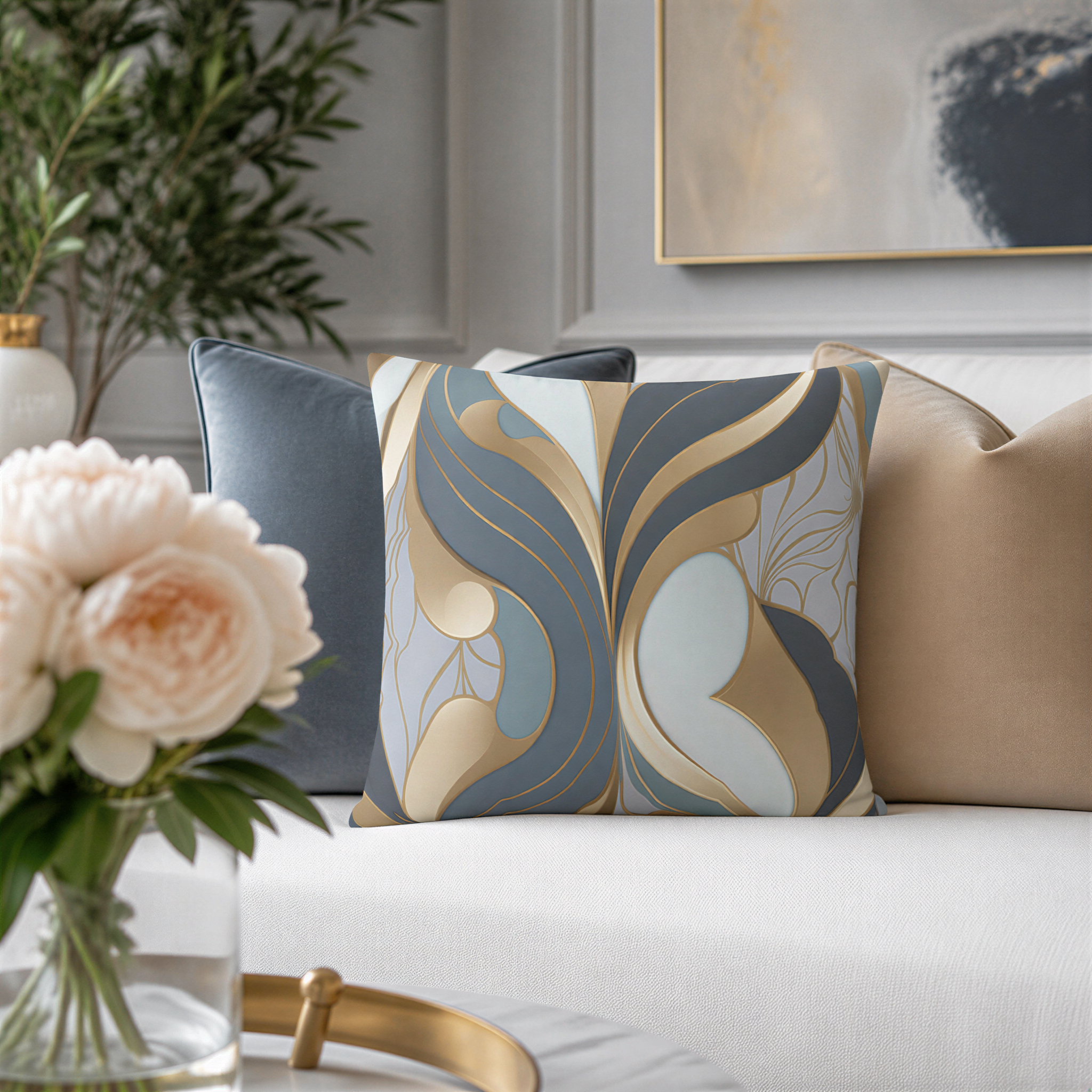 a living room with a white sofa adorned with decorative pillows in shades of blue and gold. In the foreground, there is a vase filled with white peonies, adding a touch of elegance to the scene. The background includes a painting and a plant, creating a harmonious and inviting atmosphere.