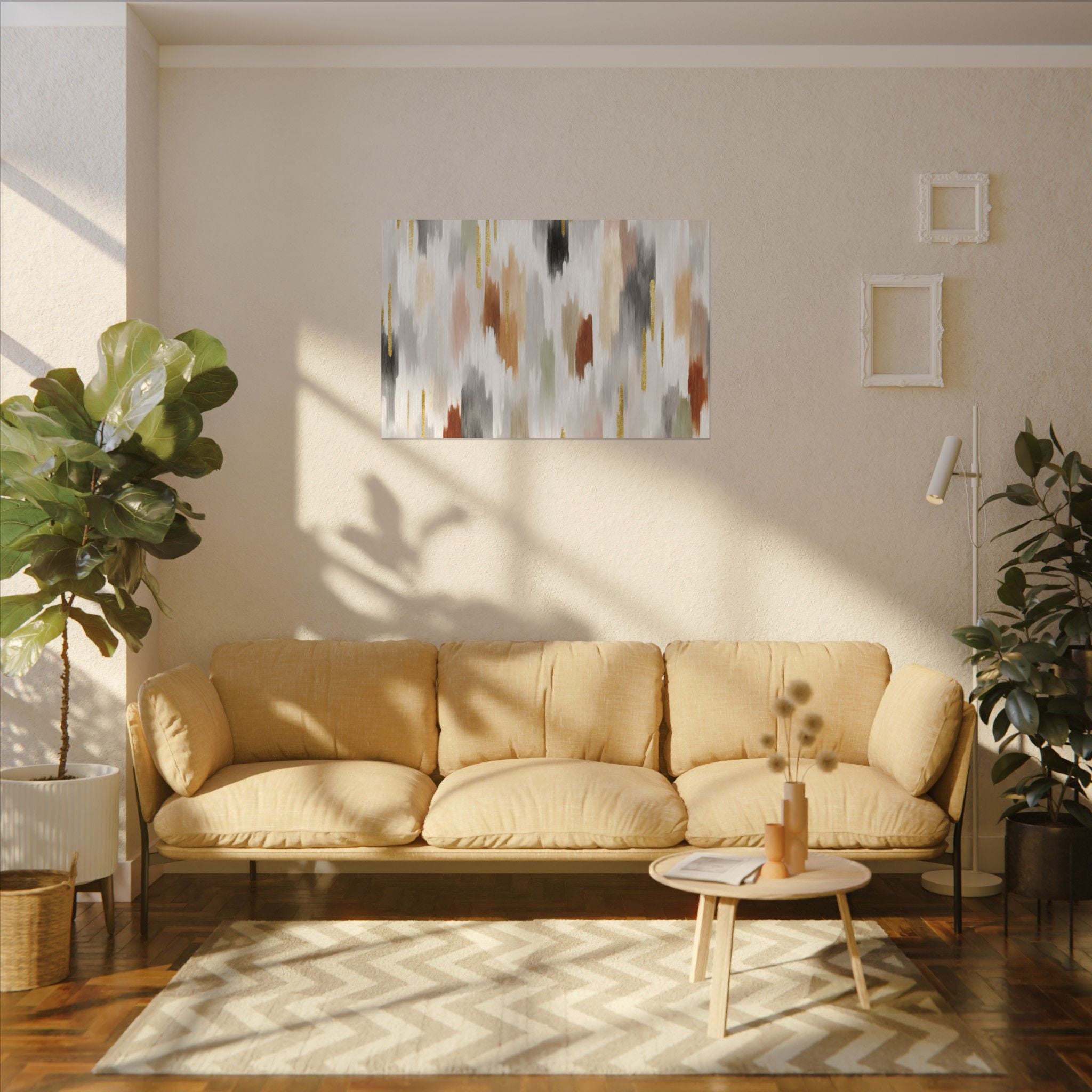 a cozy living room with a beige sofa, a coffee table, and a painting on the wall. The room is decorated with potted plants and a chevron rug, creating a warm and inviting atmosphere.