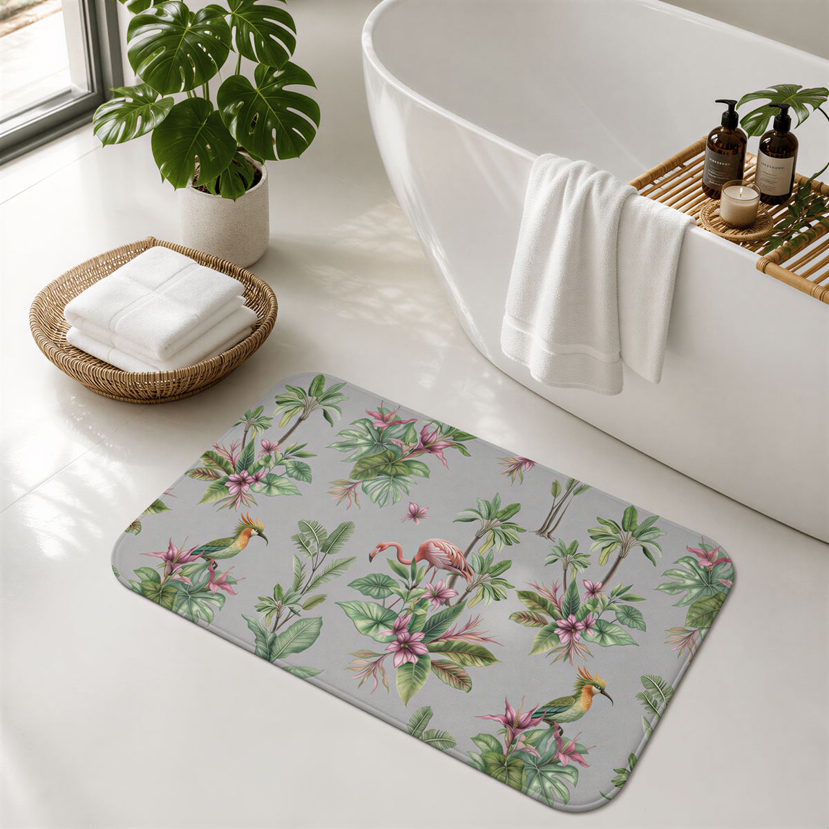 a bathroom with a white bathtub, a wicker basket, a green and pink floral bath mat, and a potted plant.