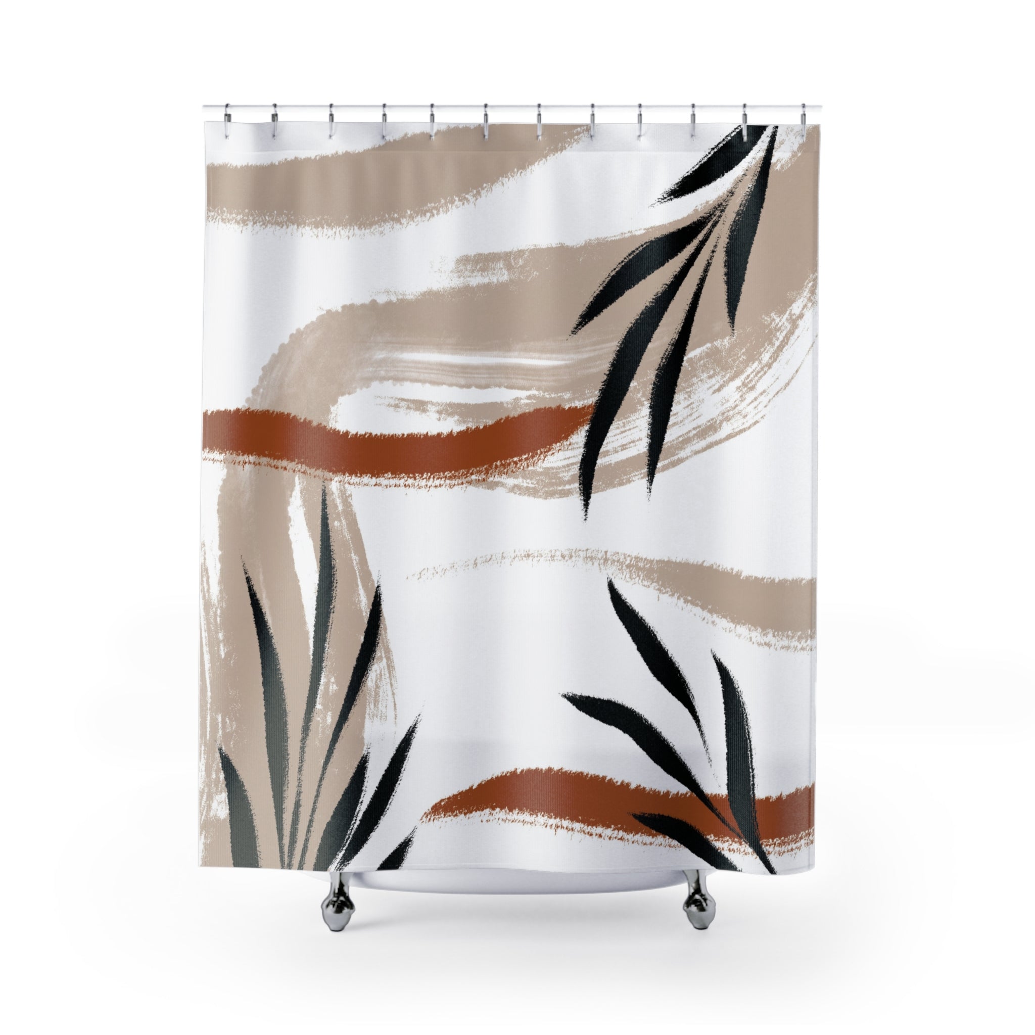 Boho Floral White and Black Shower Curtain | Rust Bohemian Bath Curtain