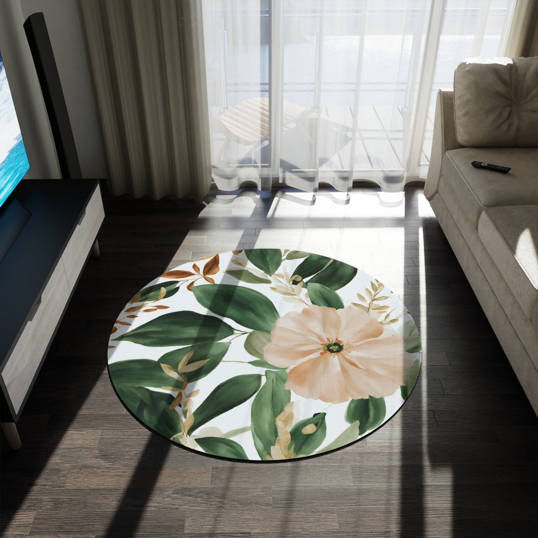 Round Floral Area Rug | 5' Emerald Green, Beige Accent Rug