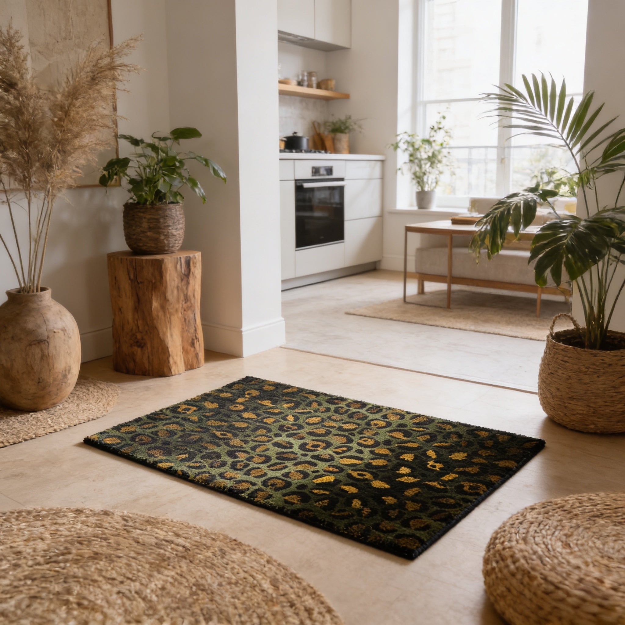 a cozy living room with a large rug on the floor, surrounded by potted plants and a wooden stool. The room is illuminated by natural light coming through a window, creating a warm and inviting atmosphere.