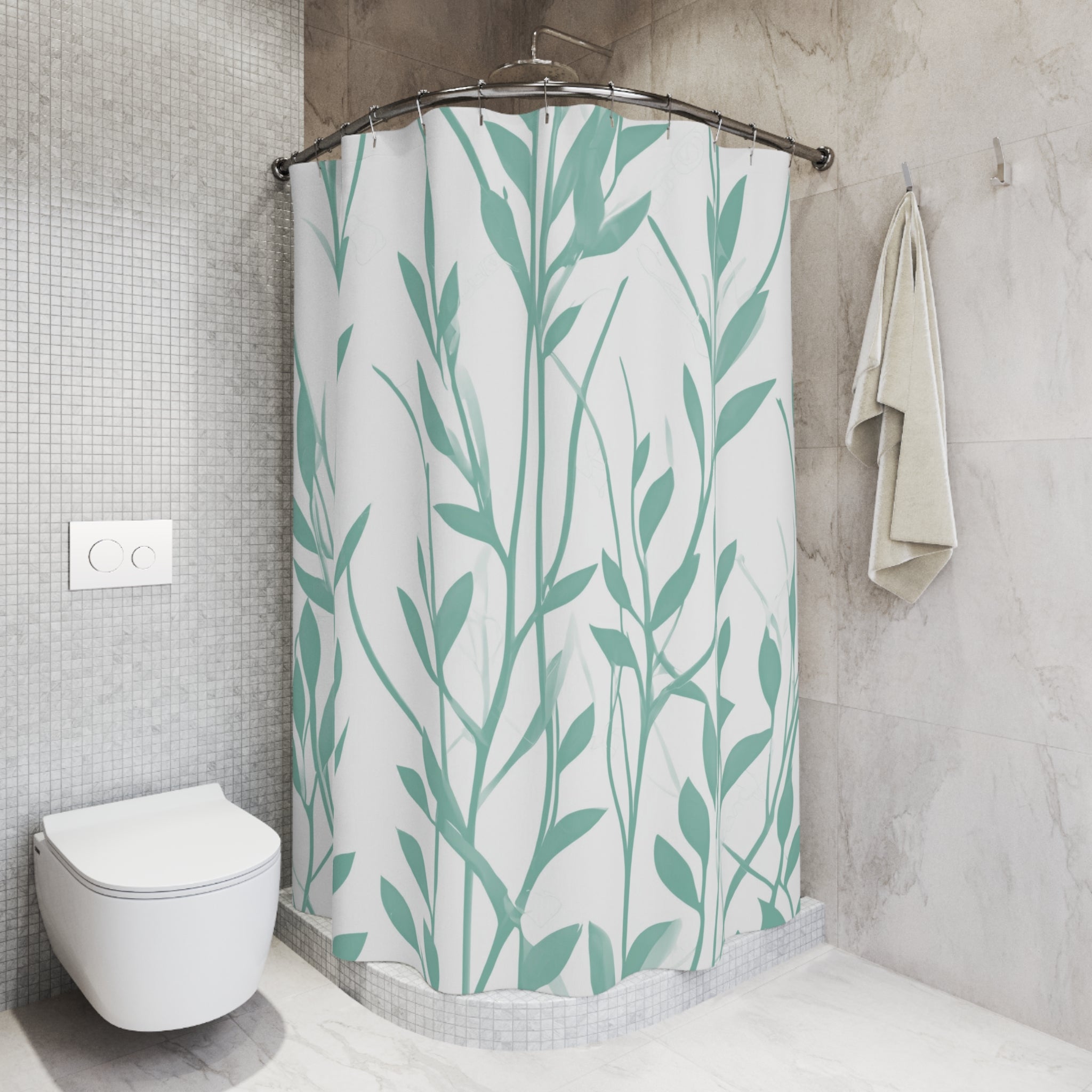 Boho Shower Curtain | Mint Aqua Green, White Leaves