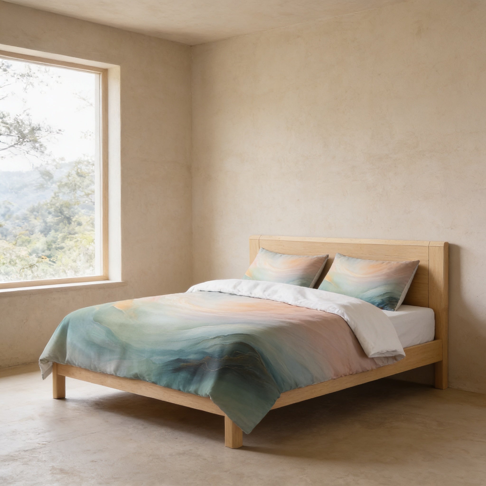 a serene bedroom scene with a wooden bed frame and a colorful, abstract-patterned comforter. The room has a window overlooking a natural landscape, creating a peaceful and calming atmosphere.