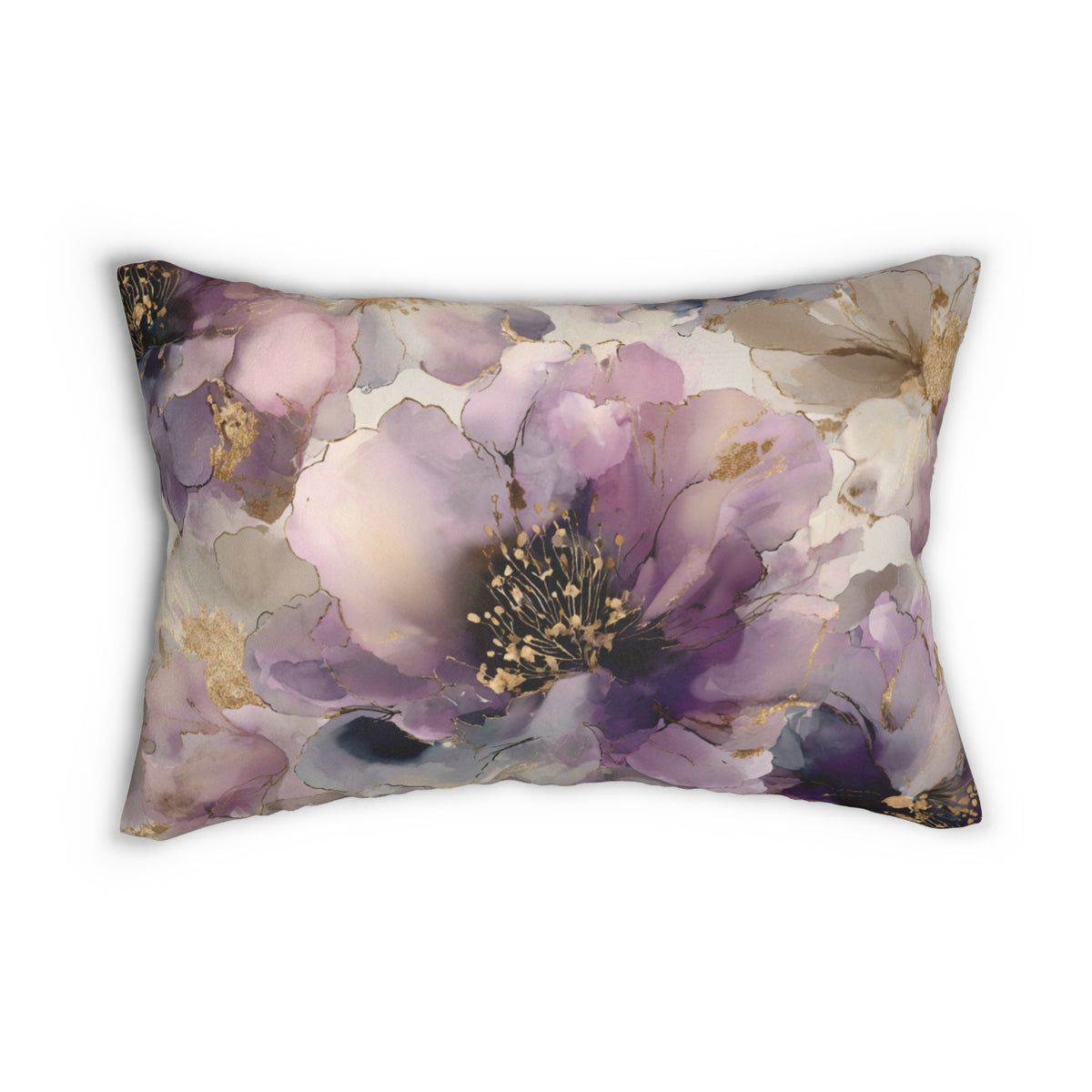 A decorative throw pillow with a floral pattern in shades of purple and gold.