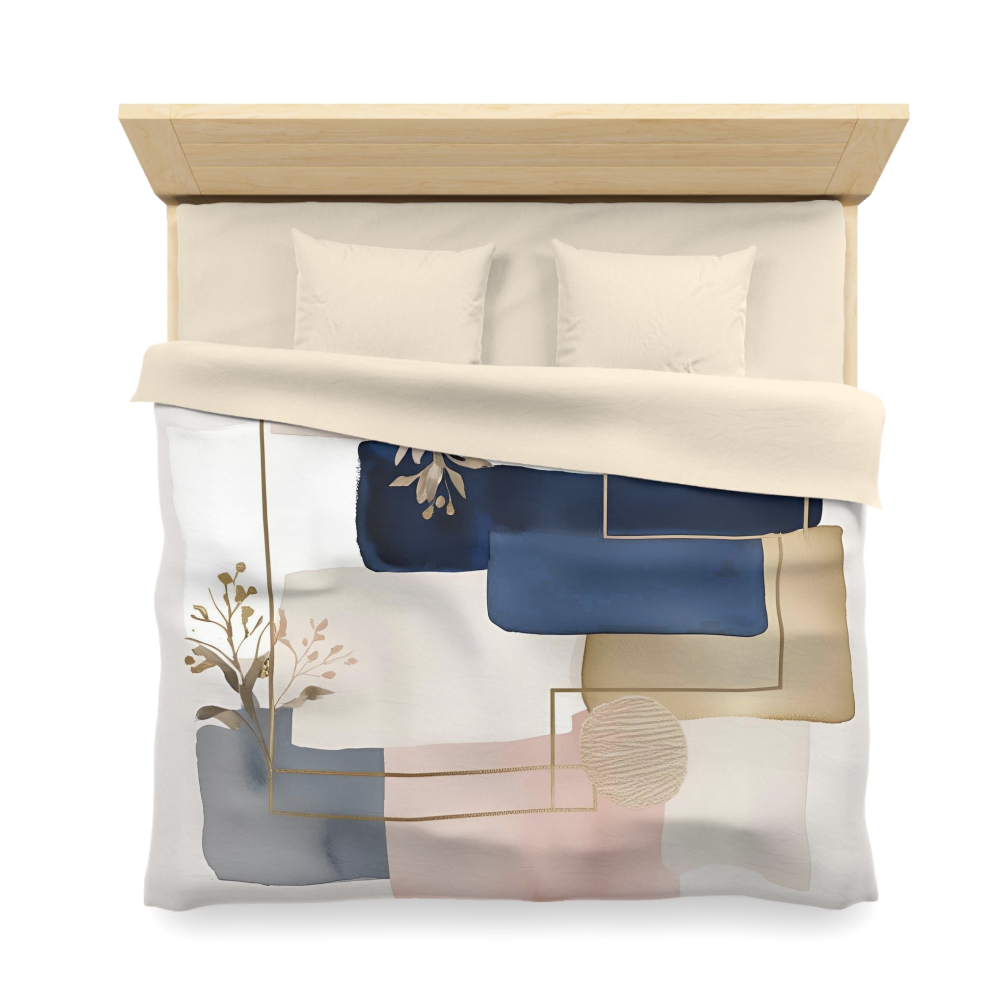 a neatly made bed with a white comforter and two pillows. The bed has a wooden headboard and a colorful abstract pattern on the comforter.