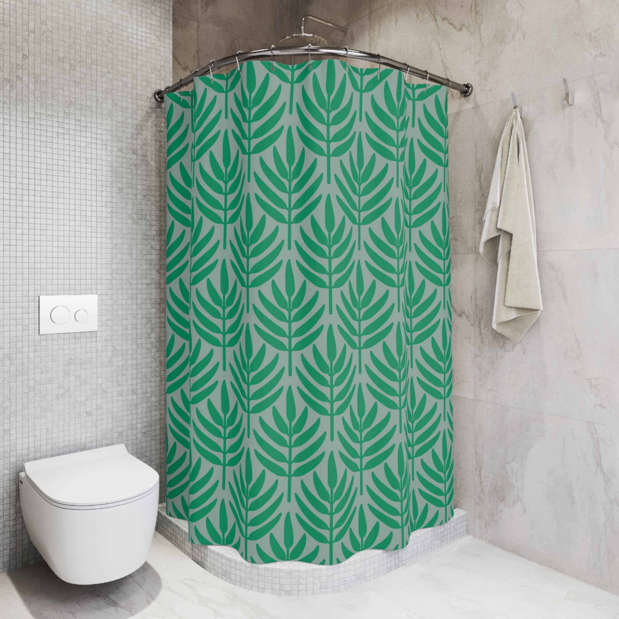 Art Deco Shower Curtain | Sage Green Grey Leaves Bath Curtain