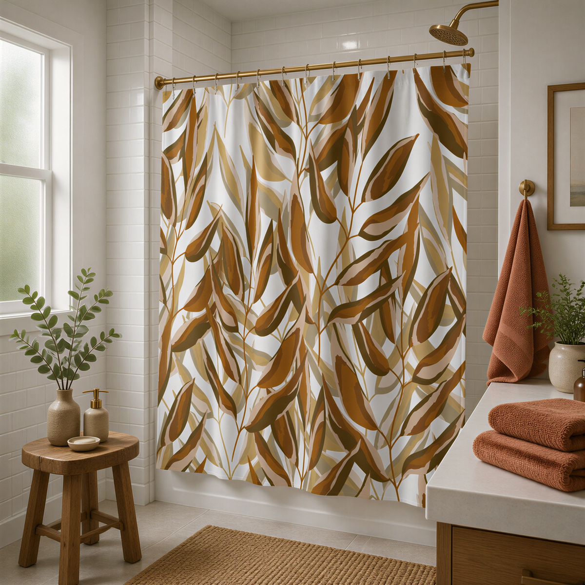 a bathroom with a shower curtain featuring a leafy pattern in shades of brown and beige. The shower curtain is hanging from a rod, and there are two orange towels placed on the counter. A small table with a plant and a soap dispenser is also present in the room.