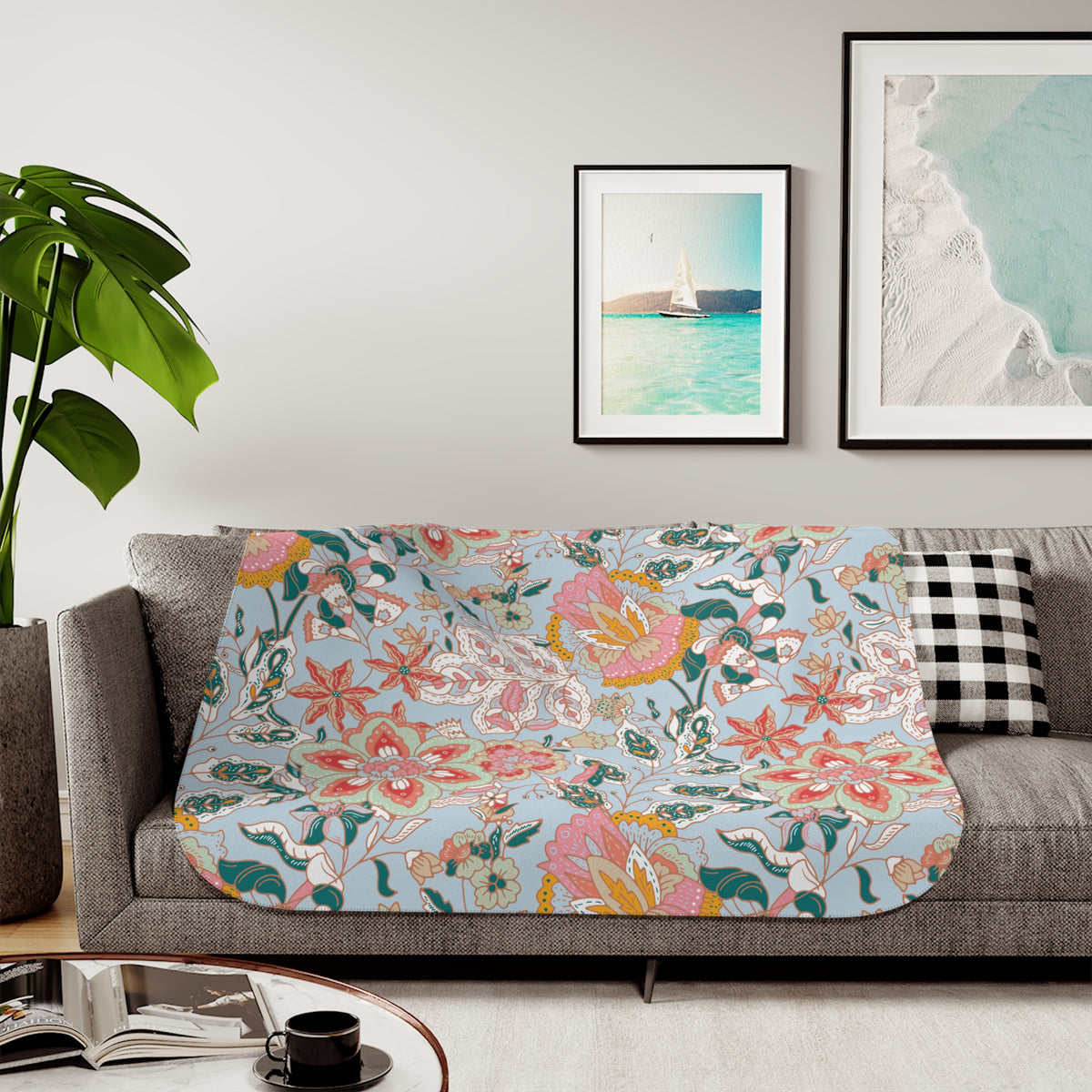 Coral Teal Jacobean Floral Sherpa Blanket | Light Blue Throw
