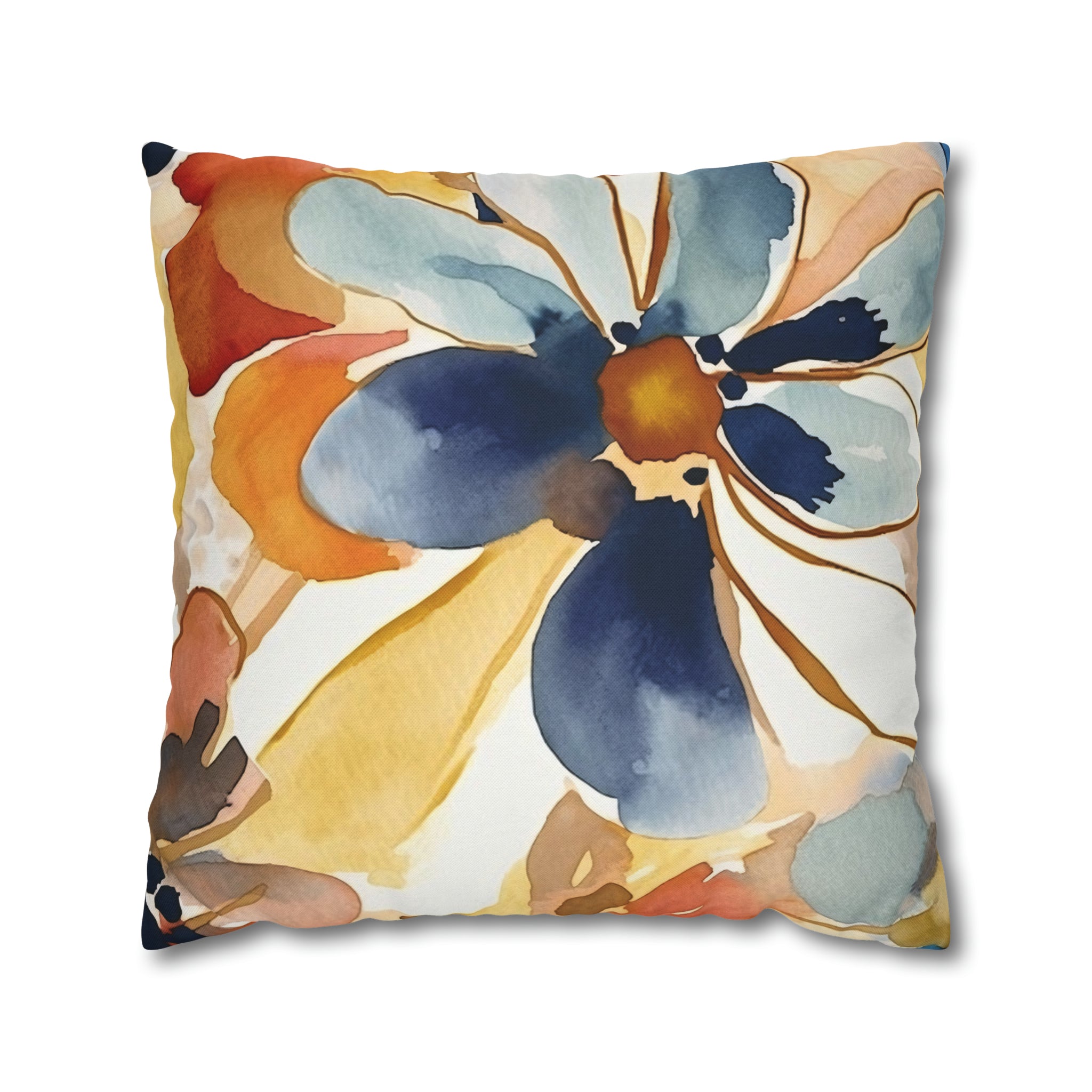 Floral Pillow Cover | Mediterranean Blue, Orange Red Flower