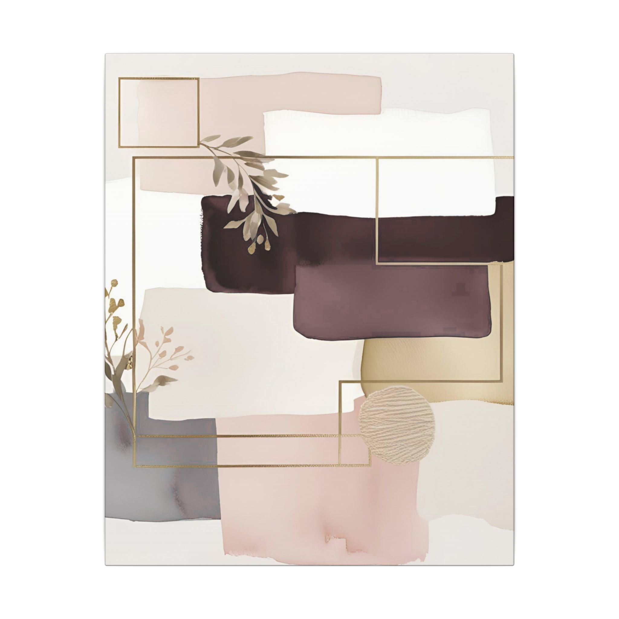 The image is a modern abstract art piece featuring a variety of shapes and colors, including shades of pink, white, and brown. The composition includes geometric shapes, organic elements, and a sense of balance and harmony.