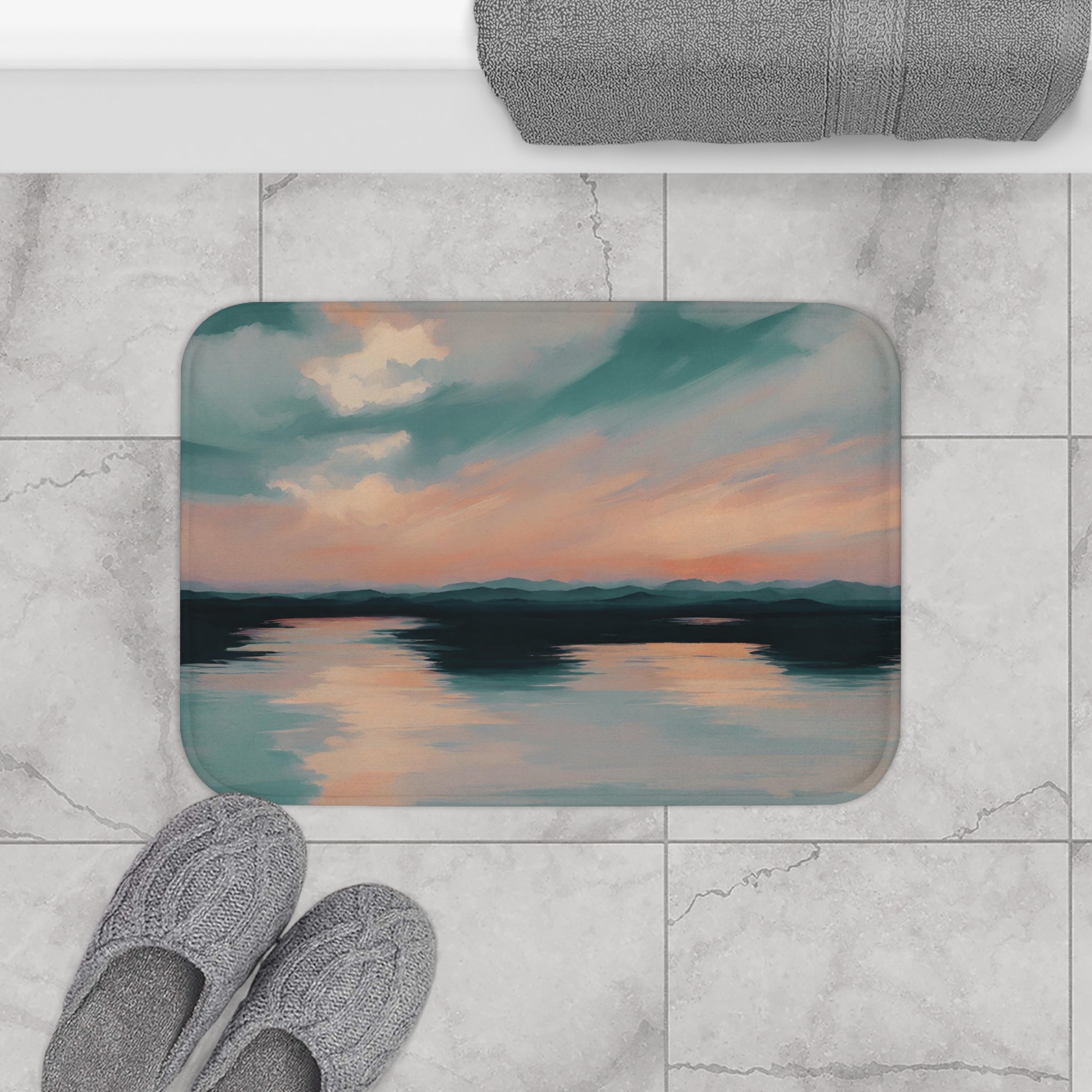 Abstract Bath Mat, Kitchen Mat | Ocean Sunset, Teal Orange