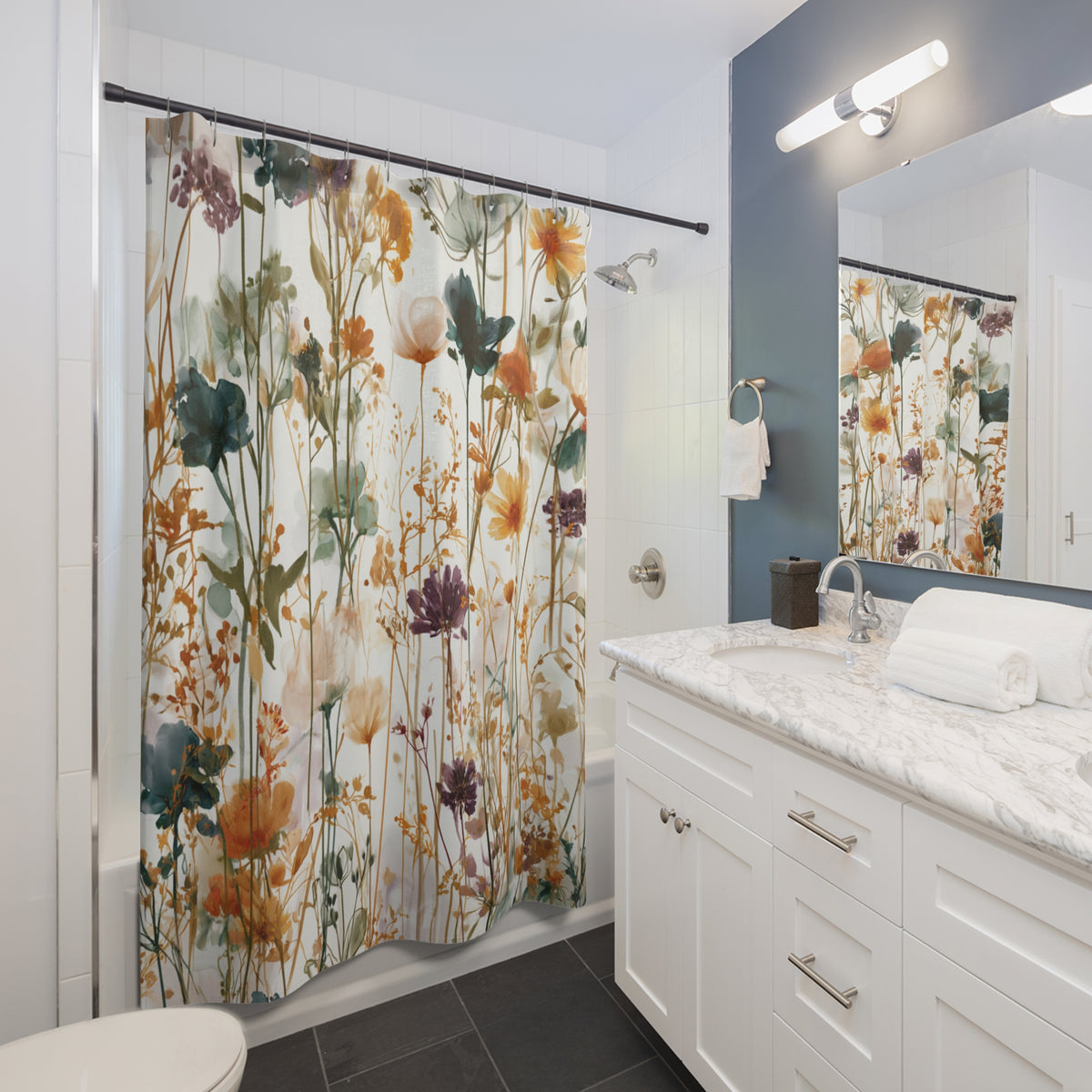 Teal Mustard Wildflower Meadow Shower Curtain, Bath Curtain 71x74