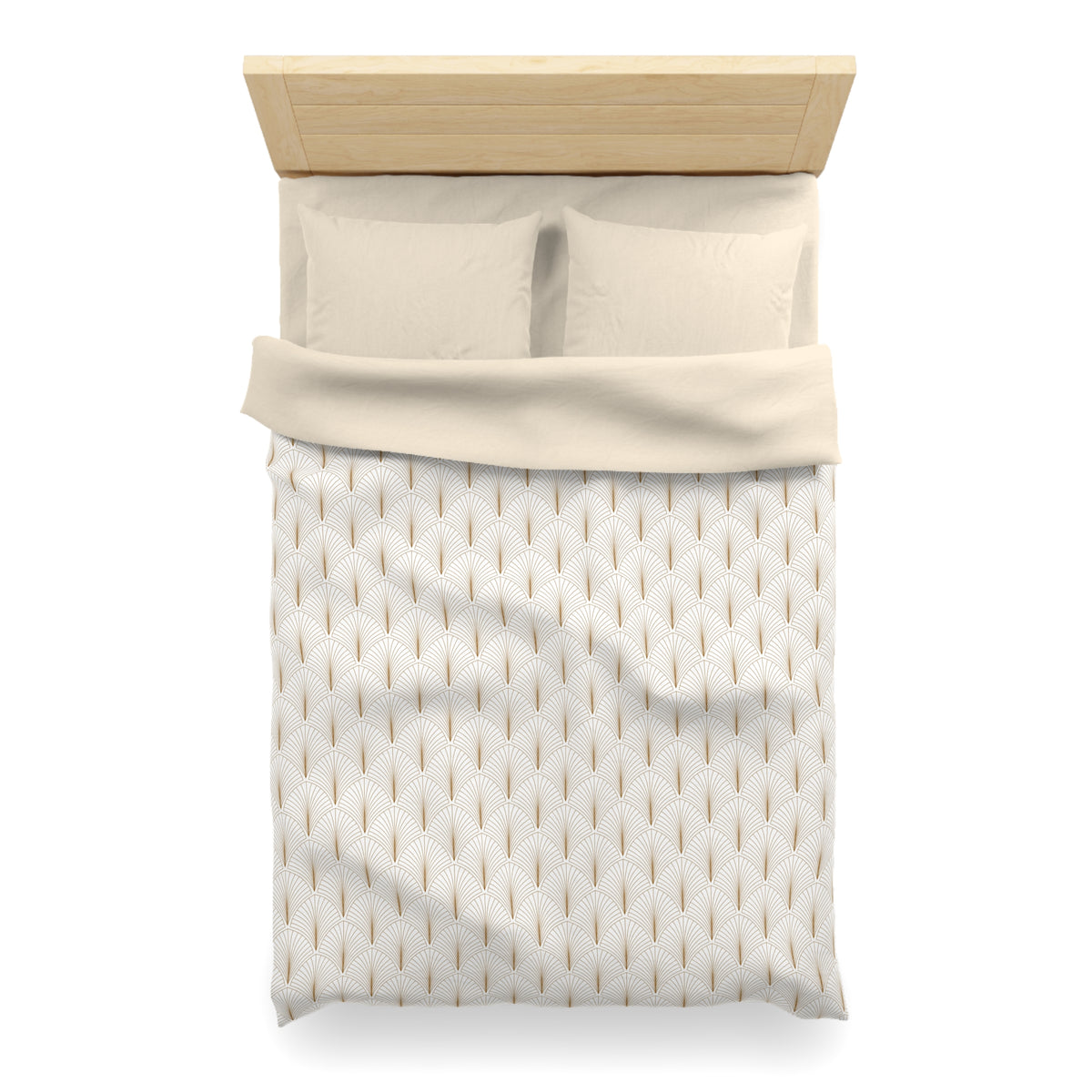 A neatly made bed with a white and gold patterned comforter and pillows.