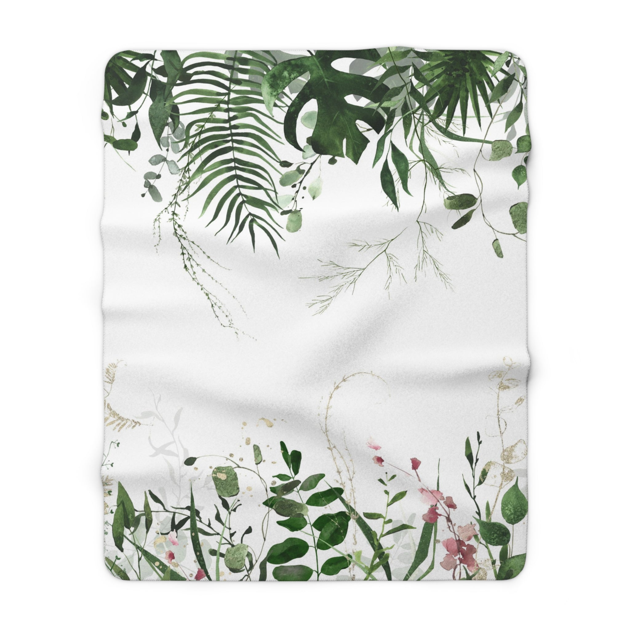 Floral Boho Comfy Blanket | White Green Monstera Leaves