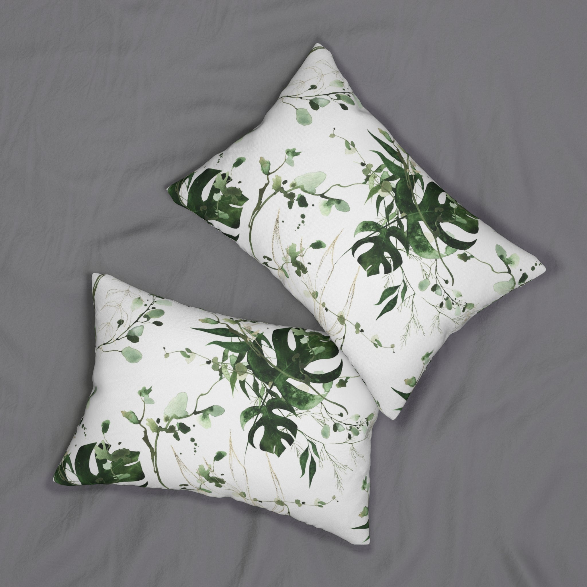 Boho Lumbar Pillow | White Green Monstera Leaves Floral