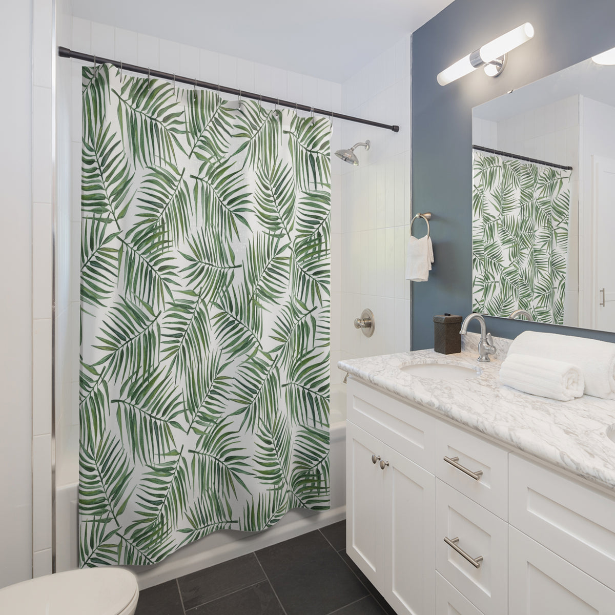 Green Palm Frond Watercolor Shower Curtain, Bath Curtain 71x74