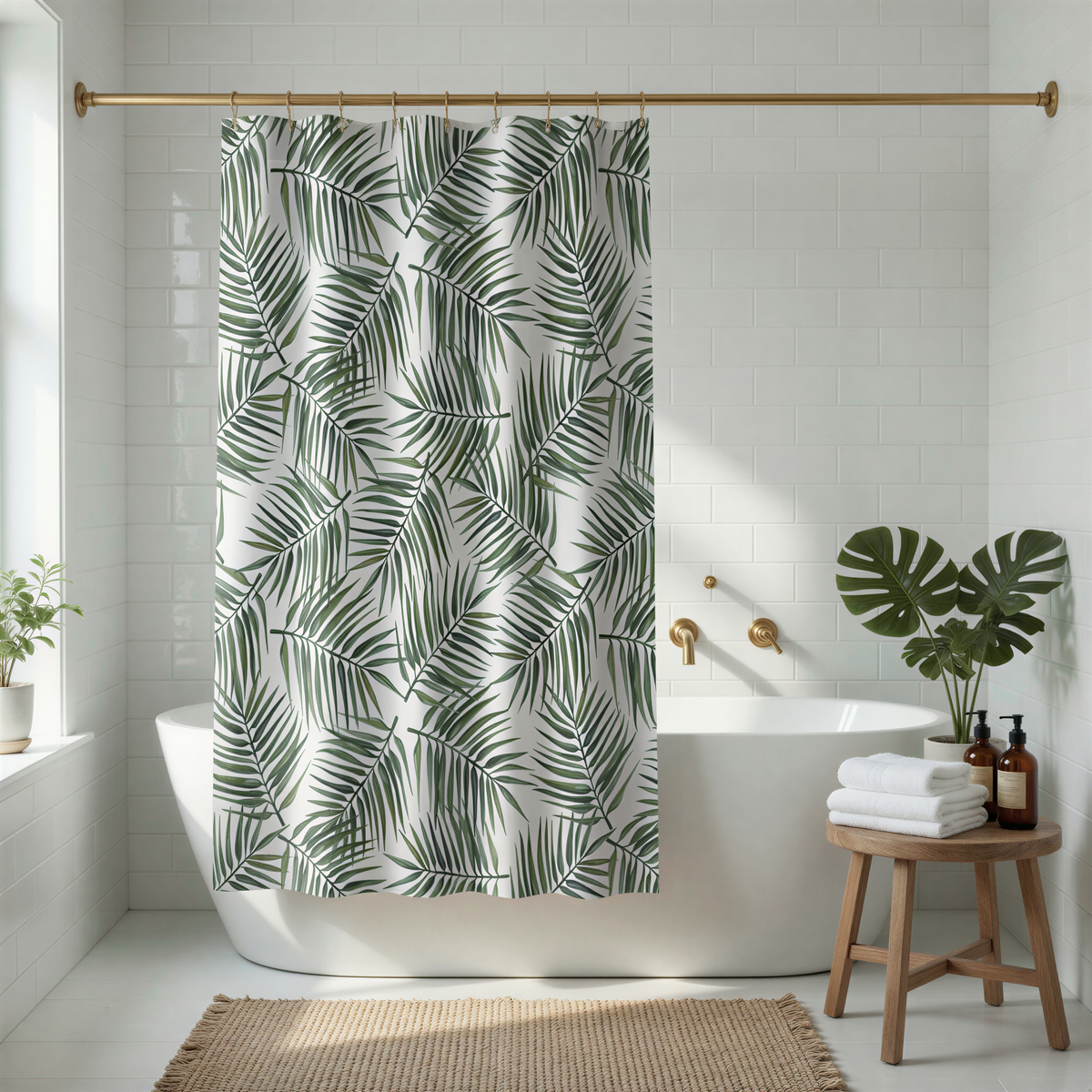 a bathroom with a white bathtub, a shower curtain with a leaf pattern, and a wooden stool. The bathroom has white tiles and a window, creating a bright and airy atmosphere.
