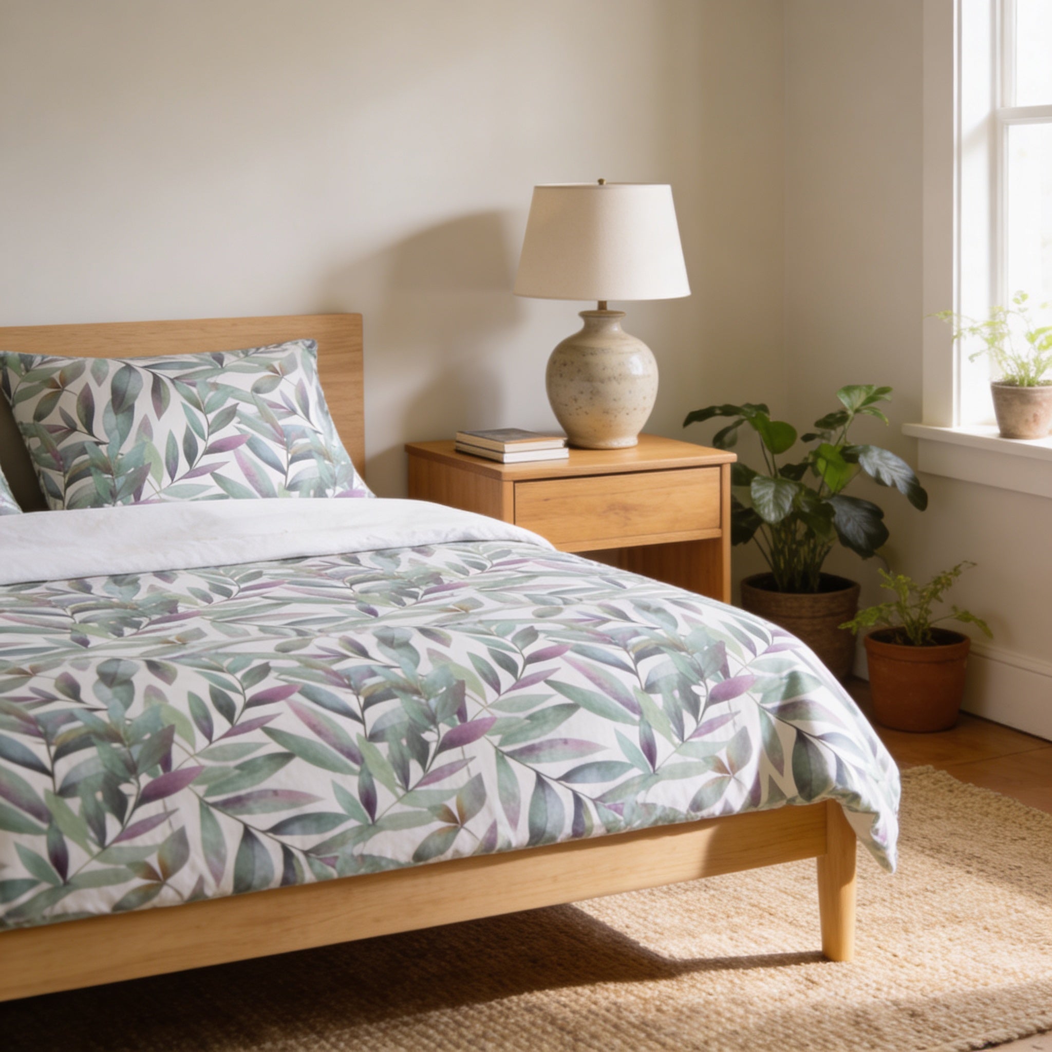a cozy bedroom with a bed, a nightstand, and a lamp. The bed is covered in a green and white leaf-patterned comforter, and there are two potted plants on either side of the bed. The room has a warm and inviting atmosphere, with natural light coming in from a window on the right side.