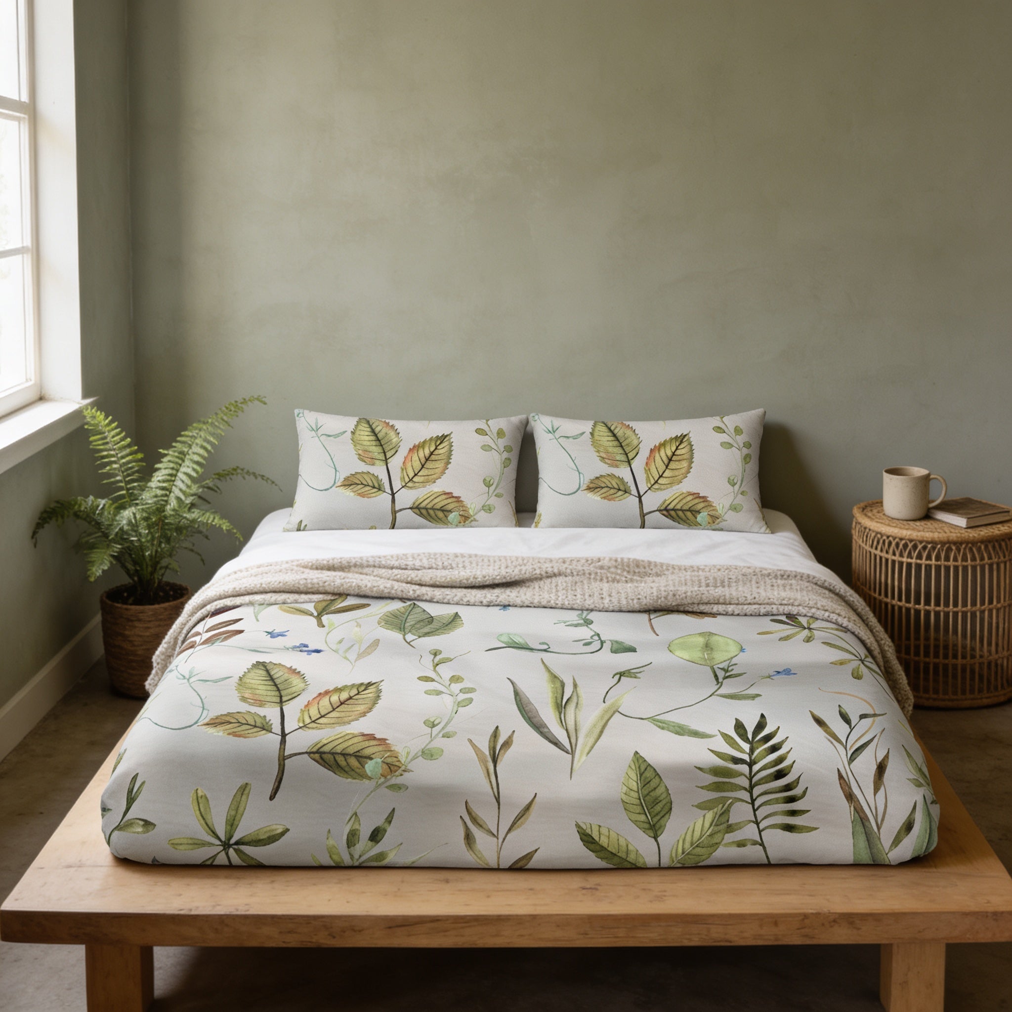 a serene bedroom scene with a bed adorned with a white and green leaf-patterned comforter and pillows. The bed is positioned against a wall with a window, and a small side table is located next to it. A potted plant is also present in the room, adding a touch of greenery to the space.