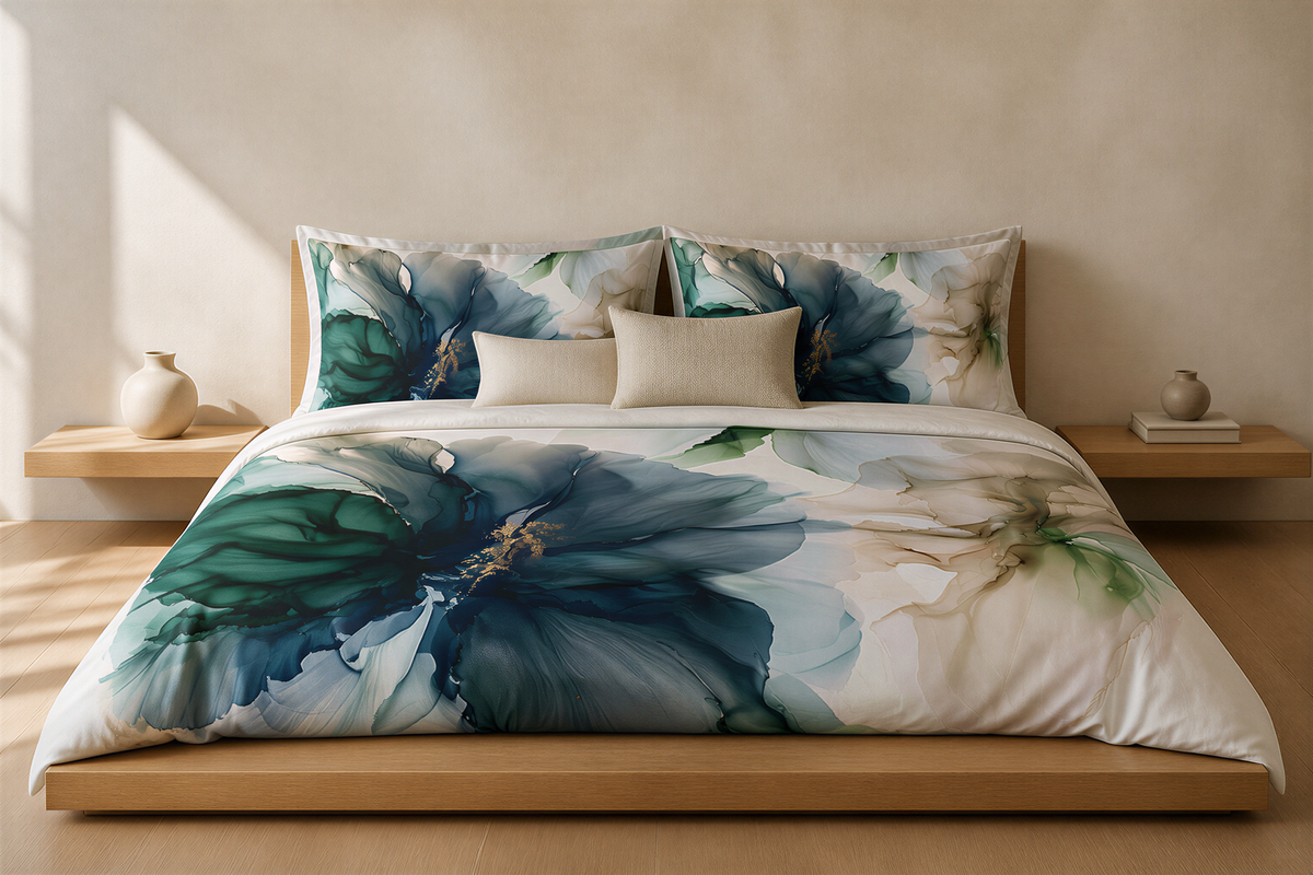 a bed with a floral comforter and pillows