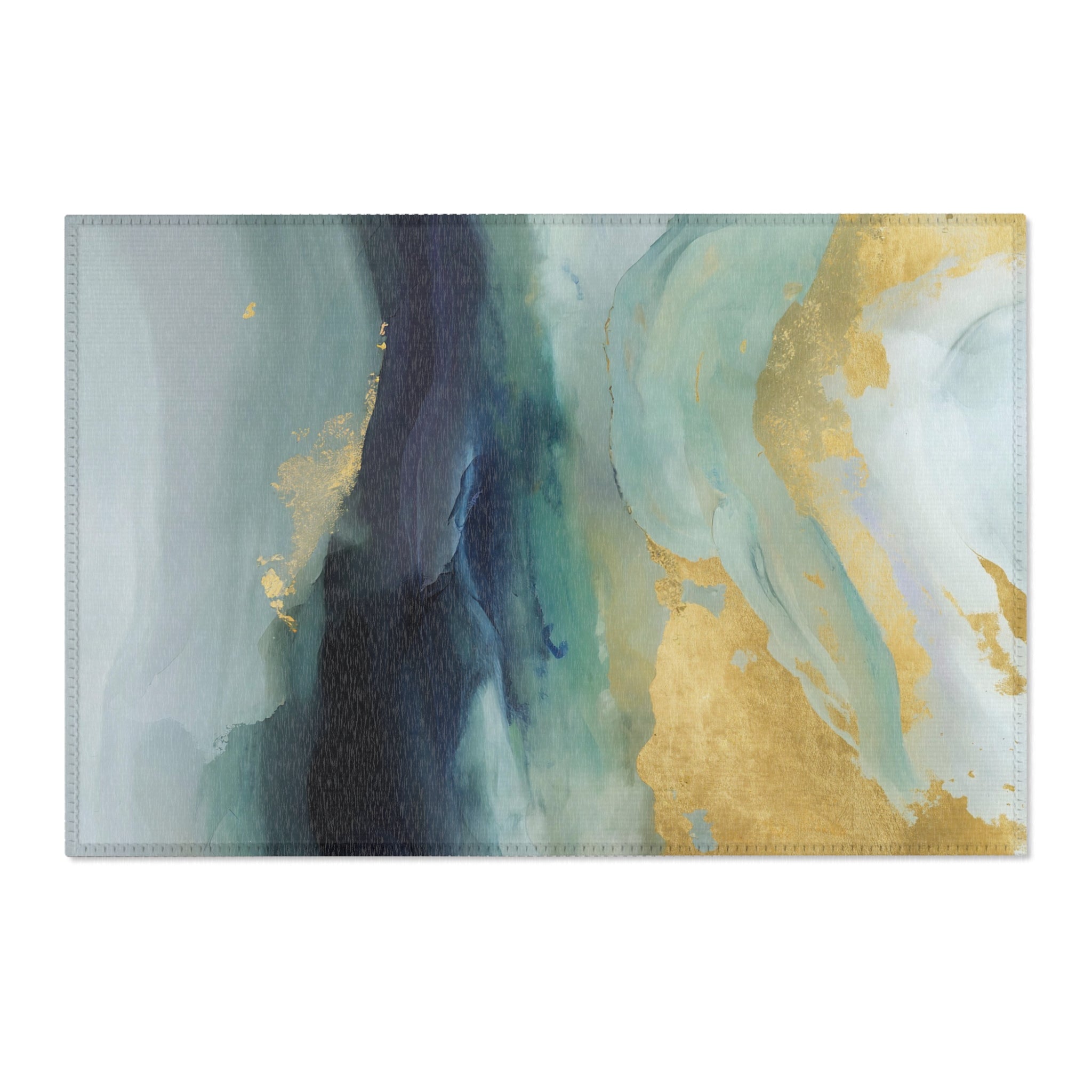 Rustic Abstract Area Rug | Navy Blue, Teal Green, Muted Gold Beige