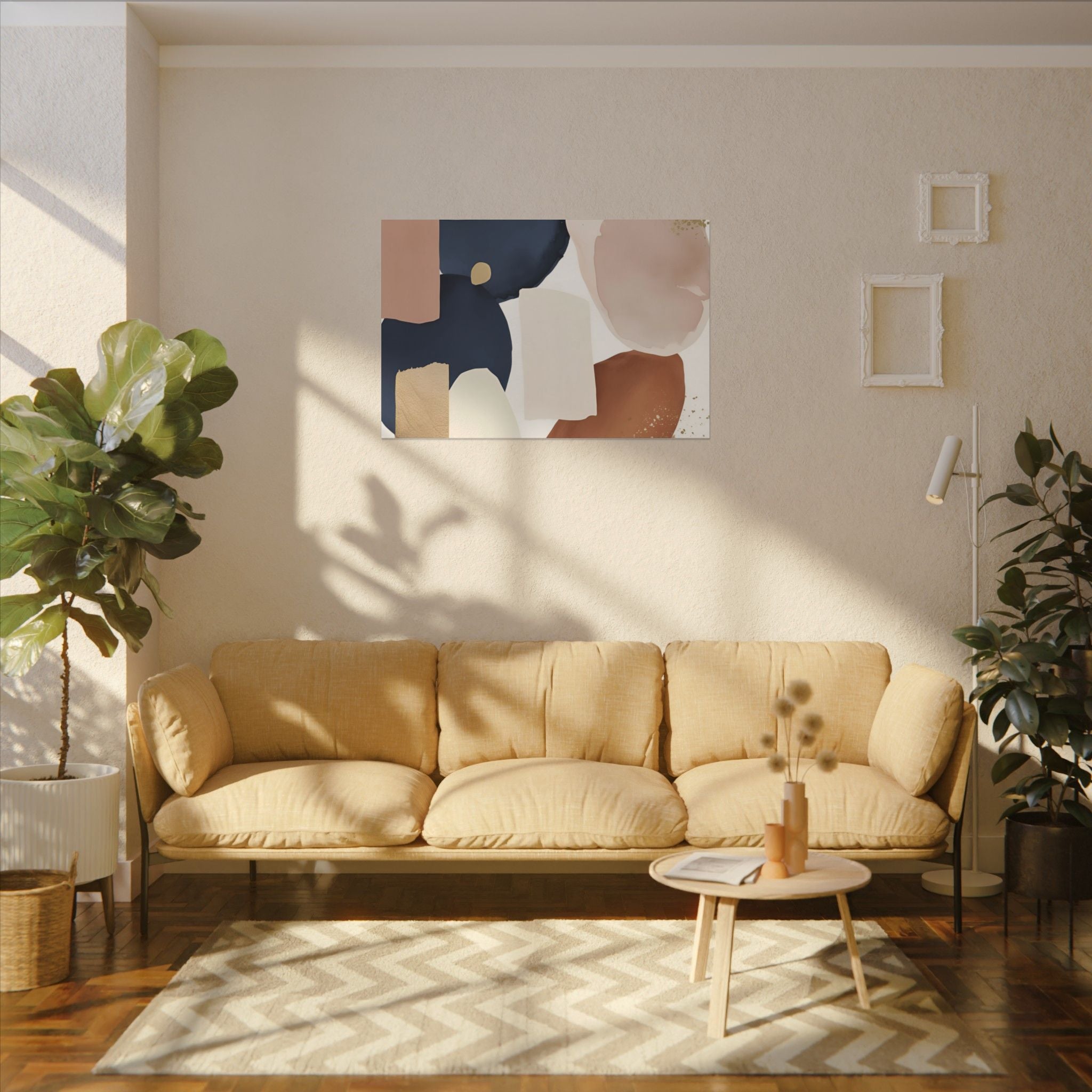 a cozy living room with a beige sofa, a coffee table, and a large abstract painting on the wall.