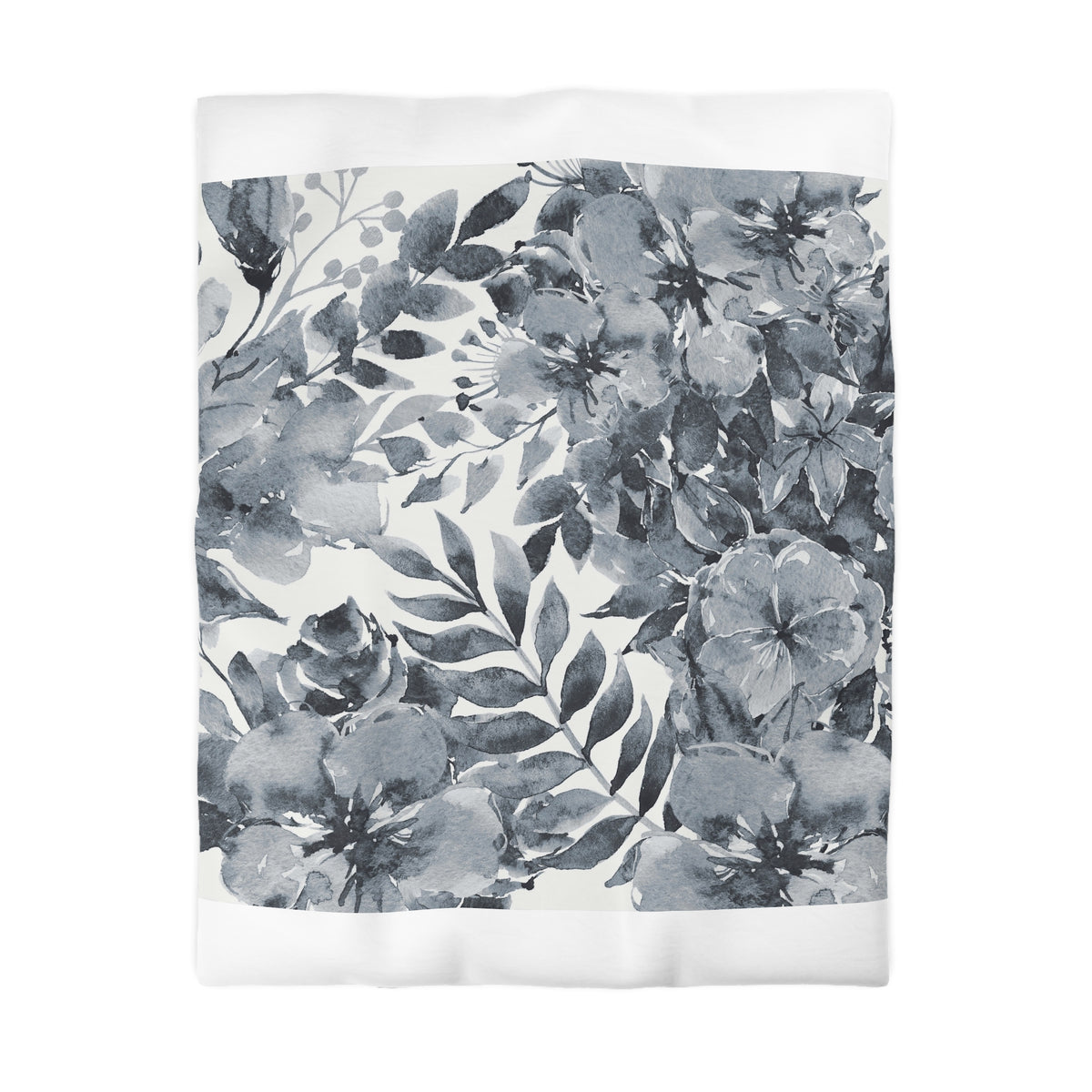 a black and white floral pattern with various flowers and leaves.