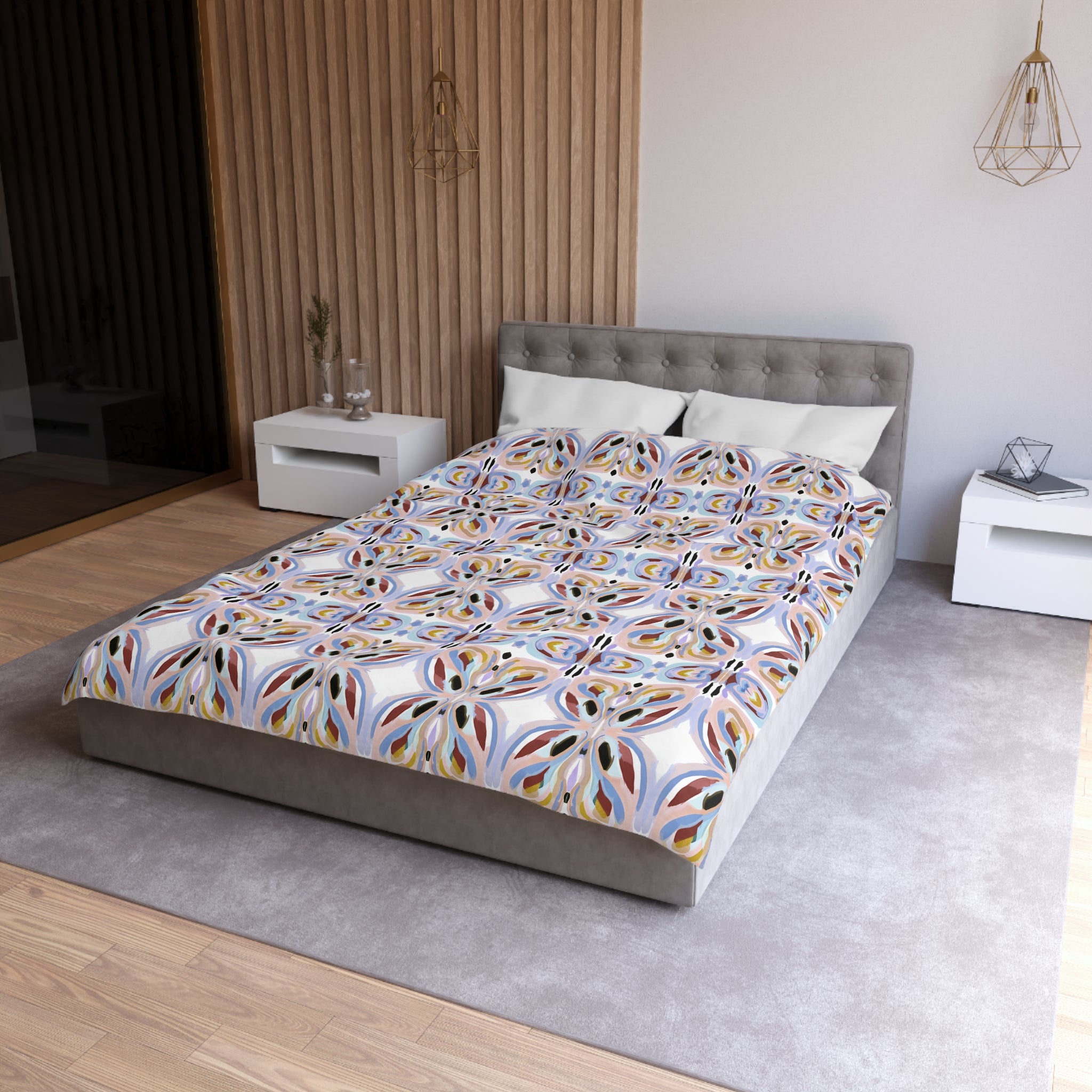 a modern bedroom with a large bed, white nightstands, and a wooden wall. The bed has a colorful, patterned comforter and pillows.