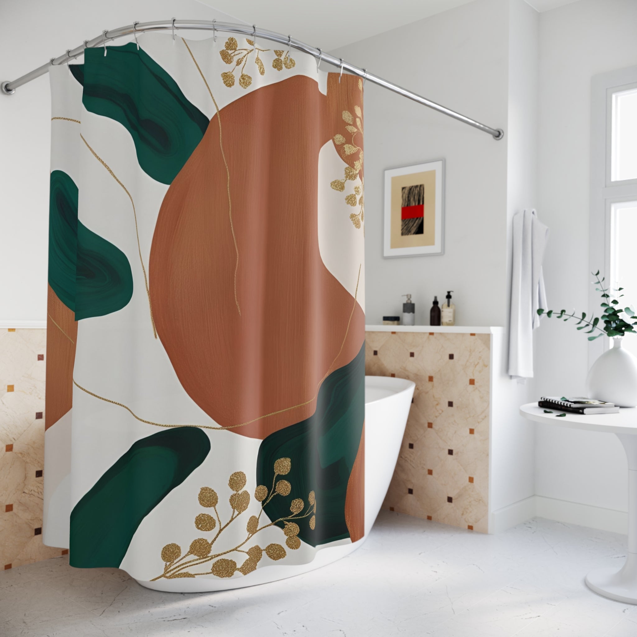 Boho Abstract Shower Curtain | Burnt Orange, Green, Gold Leaves