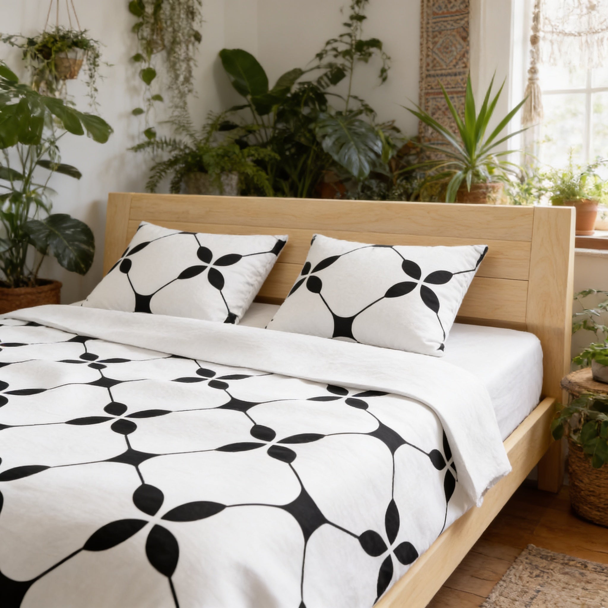 a cozy bedroom with a wooden bed frame, a black and white patterned comforter, and two matching pillows. The room is filled with various potted plants, creating a lush and vibrant atmosphere.