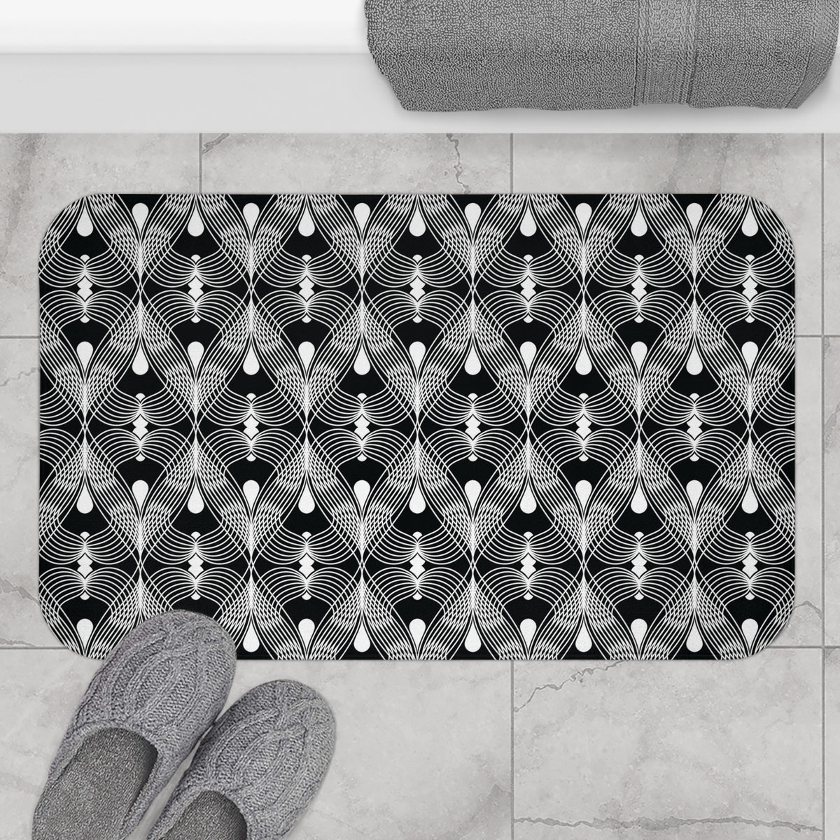 Black White Deco Fan Bath Mat, Art Deco Bathroom Rug