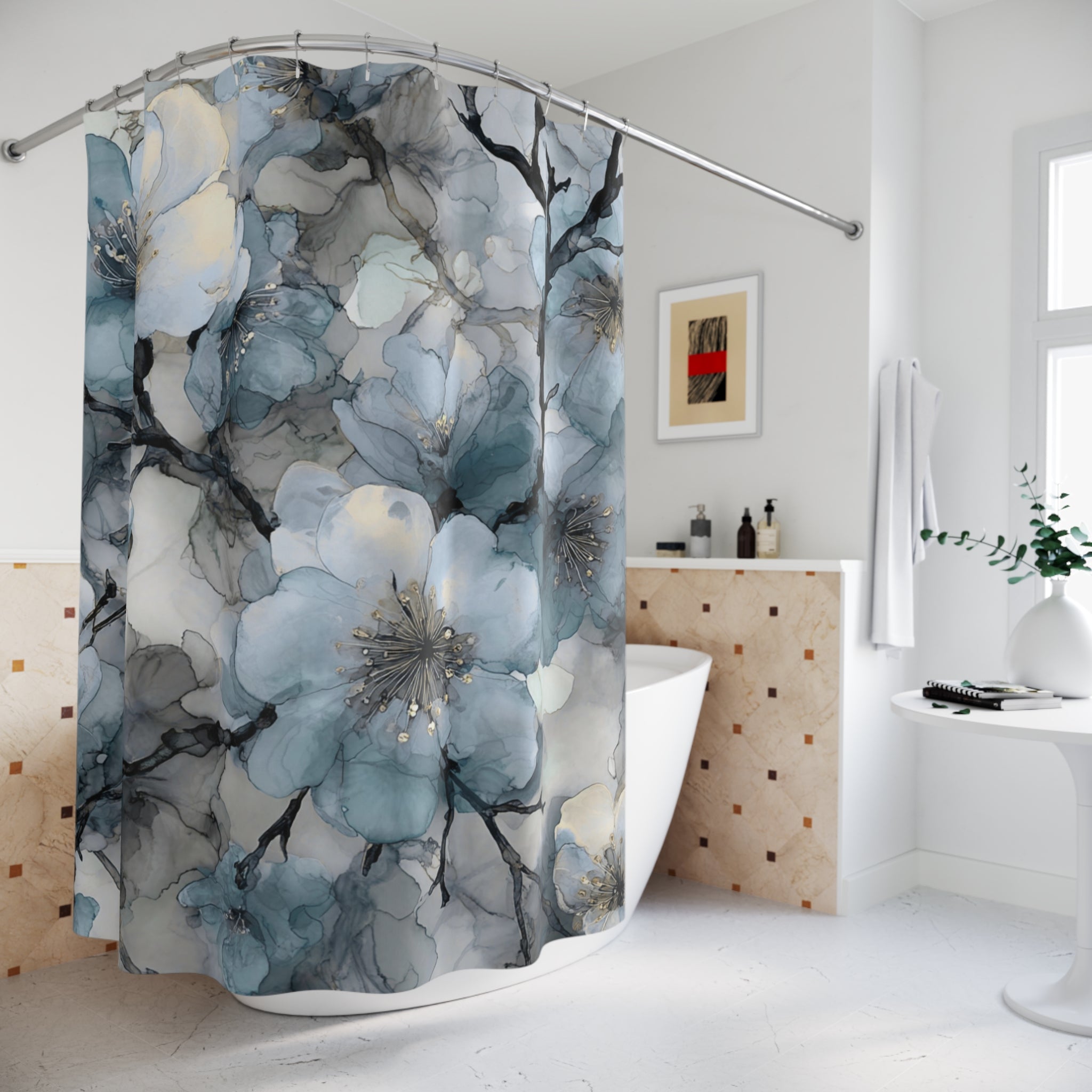 Abstract Shower Curtain | Floral Watercolor Blue Grey