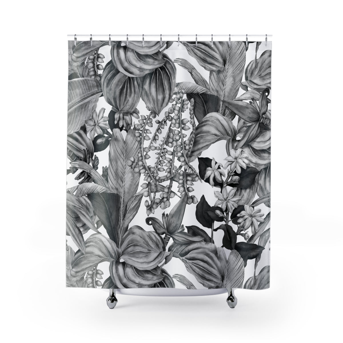 a black and white illustration of various tropical plants and flowers, including palm leaves, ferns, and other foliage. The plants are depicted in a detailed and intricate manner, creating a visually striking and captivating design.