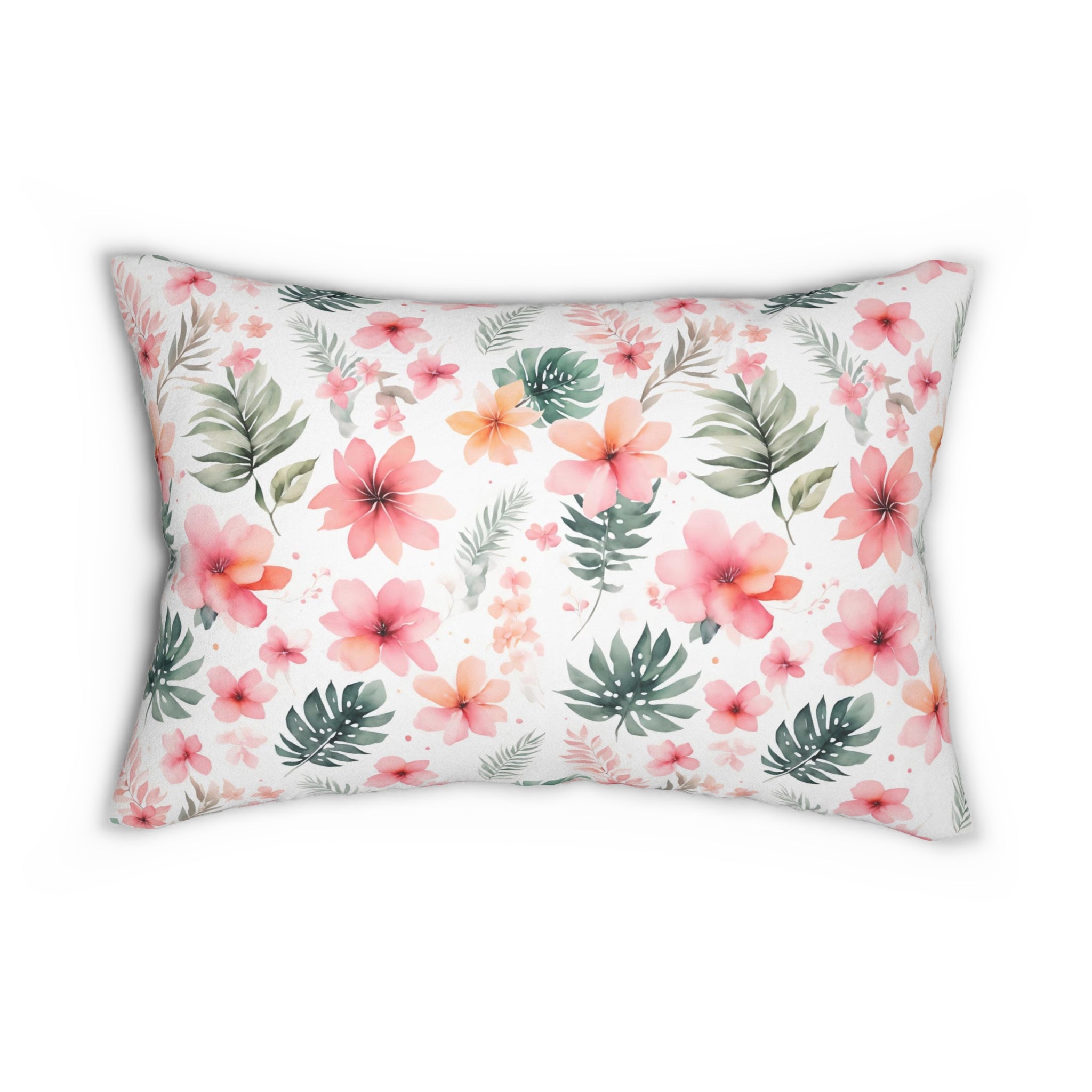 Boho Lumbar Pillow | White Pink, Sage Green Floral Jungle