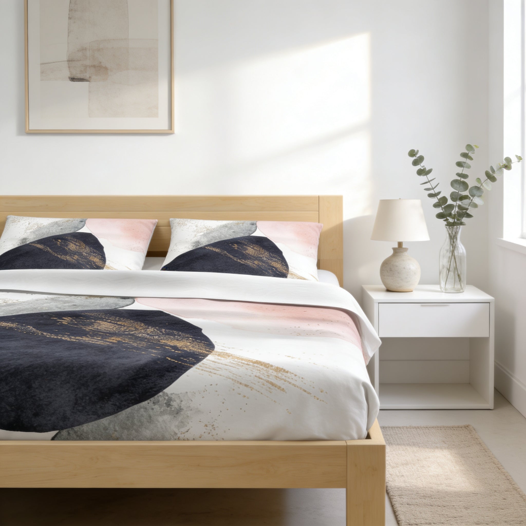 a modern bedroom with a wooden bed frame, a white nightstand, and a framed abstract painting on the wall.