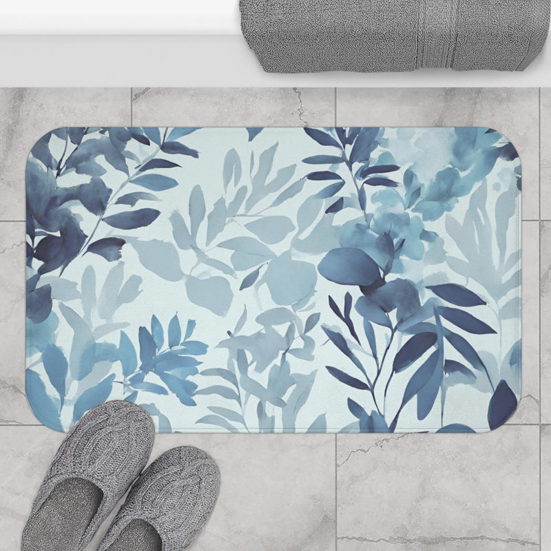 Boho Kitchen, Bath Mat | Floral Pale Navy Blue, Eucalyptus Leaves