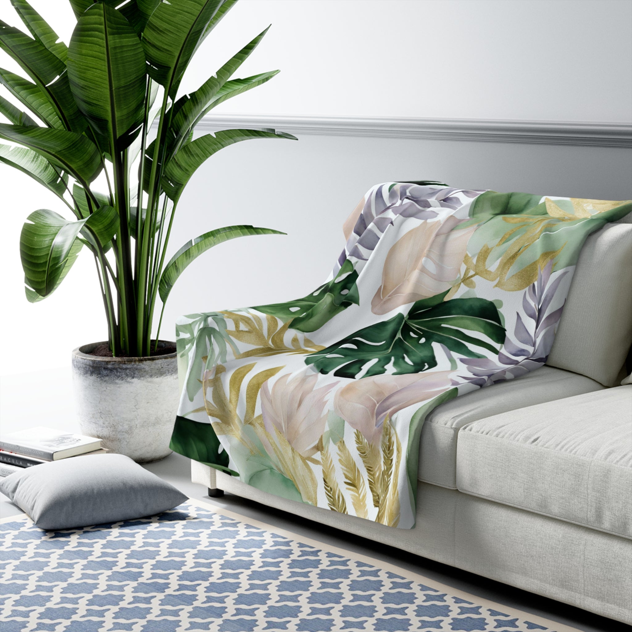 Tropical Floral Throw Blanket | Coastal Green, Purple Beige Blush Leaves