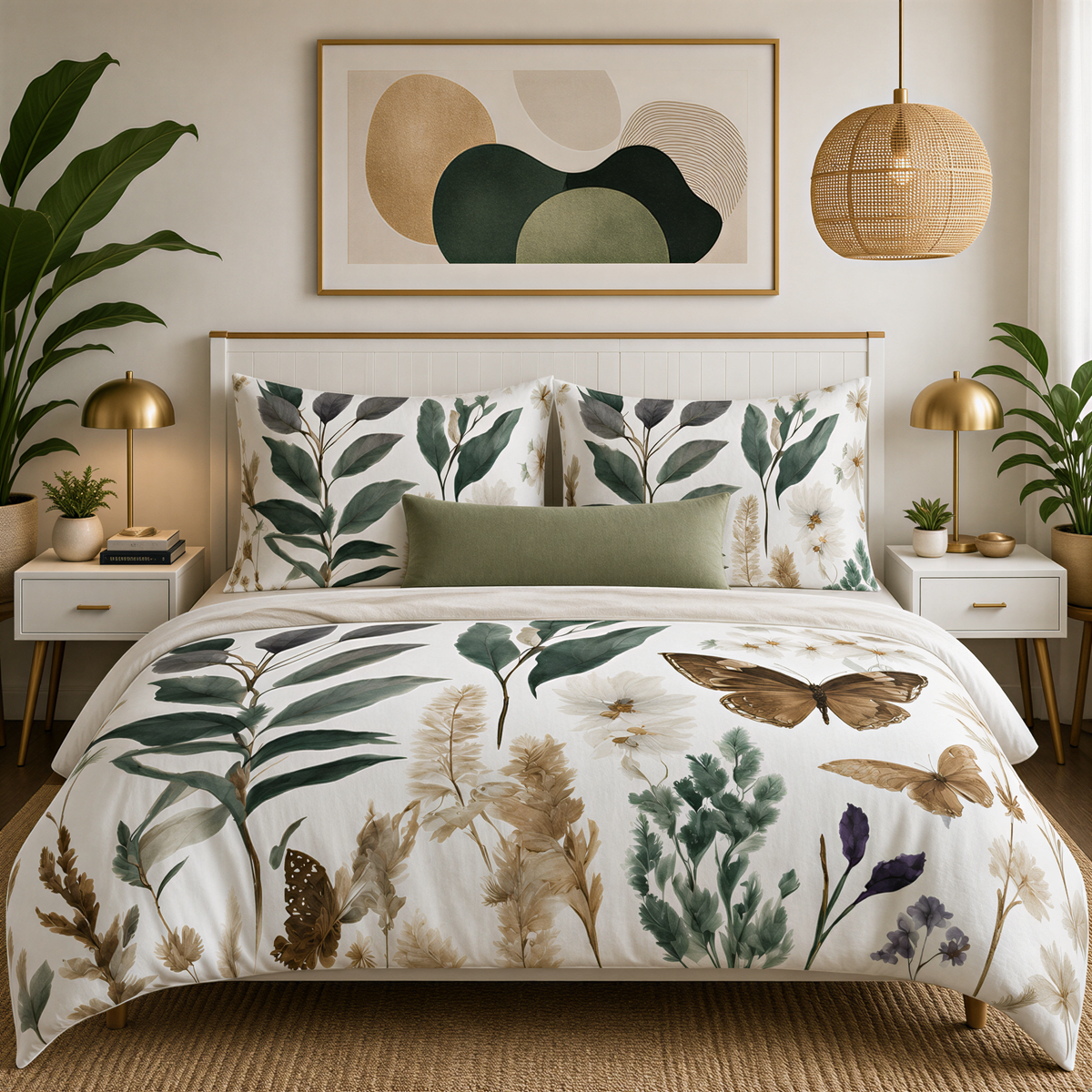 a well-decorated bedroom with a large bed, white bedding, and a large abstract painting on the wall above it. The room also features two nightstands with lamps, and several potted plants placed around the space.