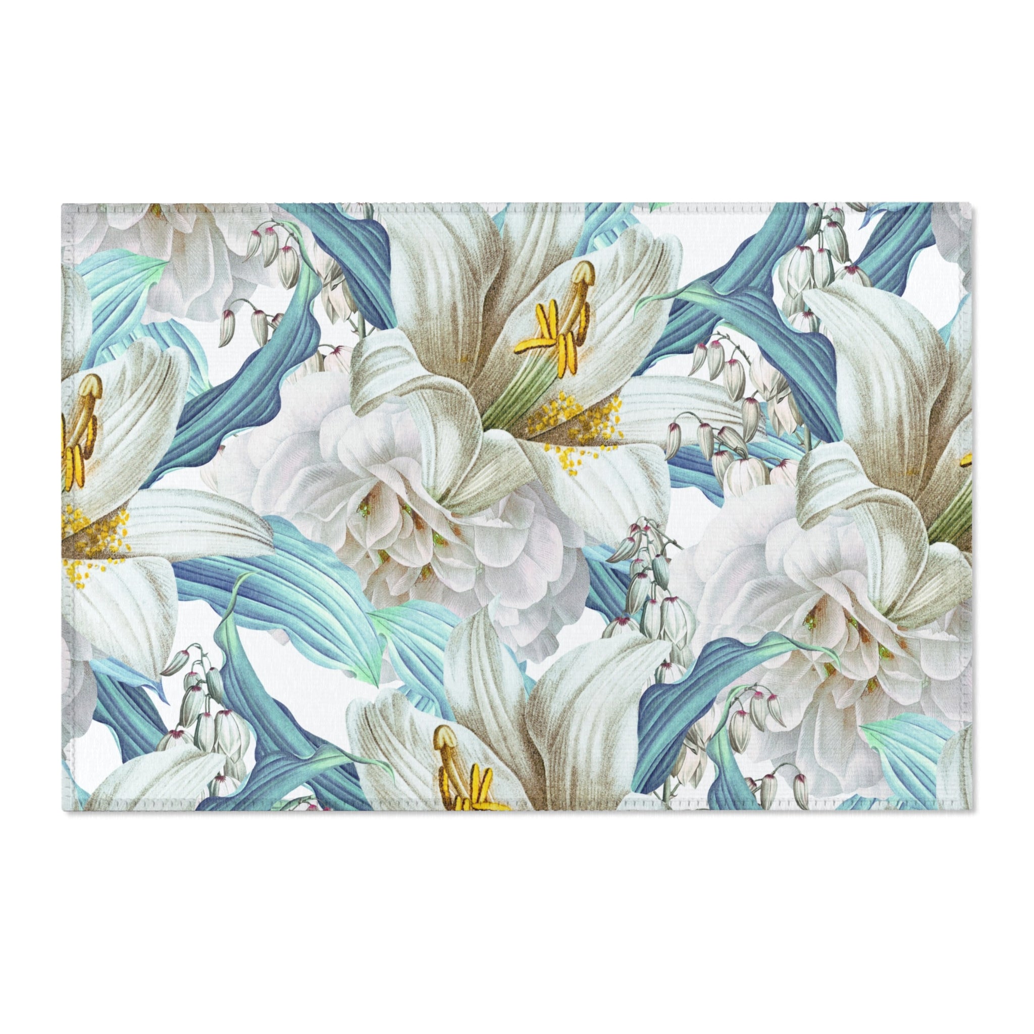 Floral Large Area Rug | Botanical White Teal Blue