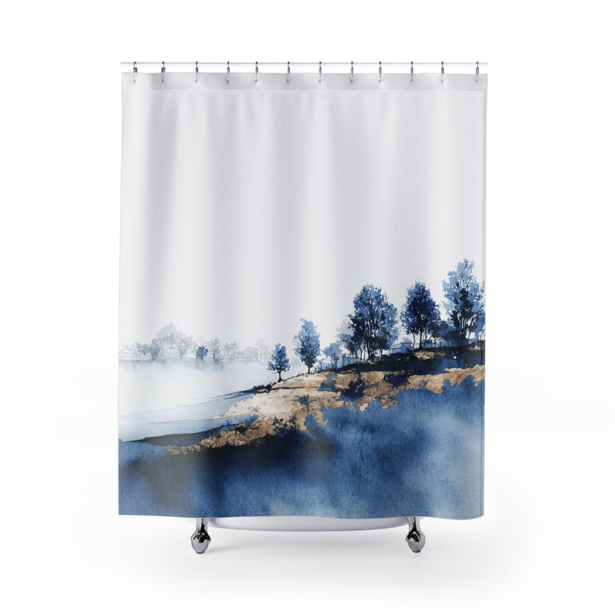 a white shower curtain with a watercolor painting of a landscape on it.